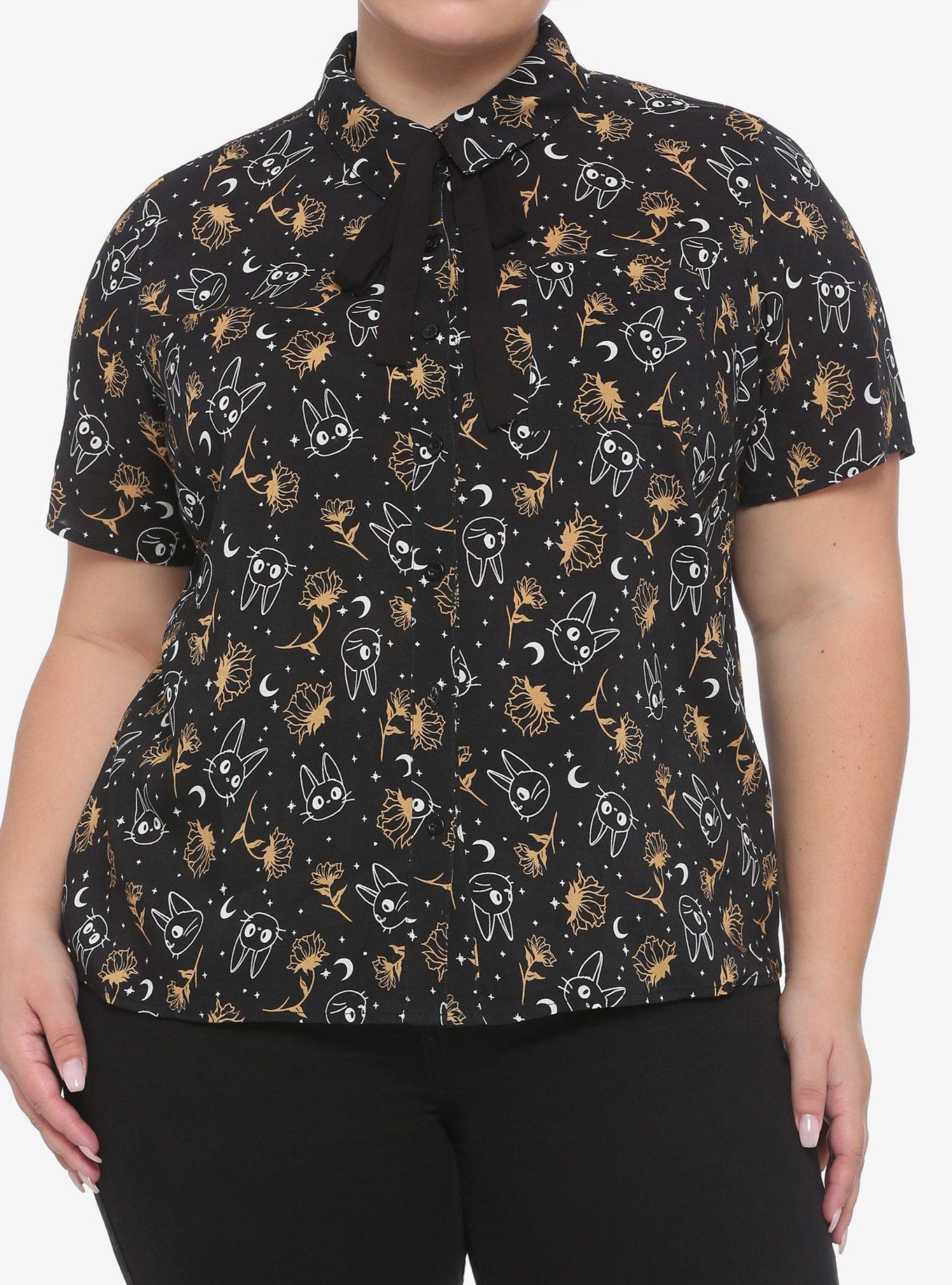 Her Universe Studio Ghibli Kiki's Delivery Service Jiji & Flowers Woven Button-Up Plus Size, MULTI, hi-res