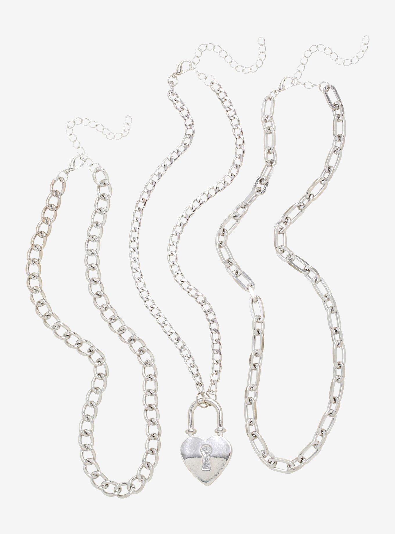 Heart Padlock Silver Chain Necklace Set, , hi-res