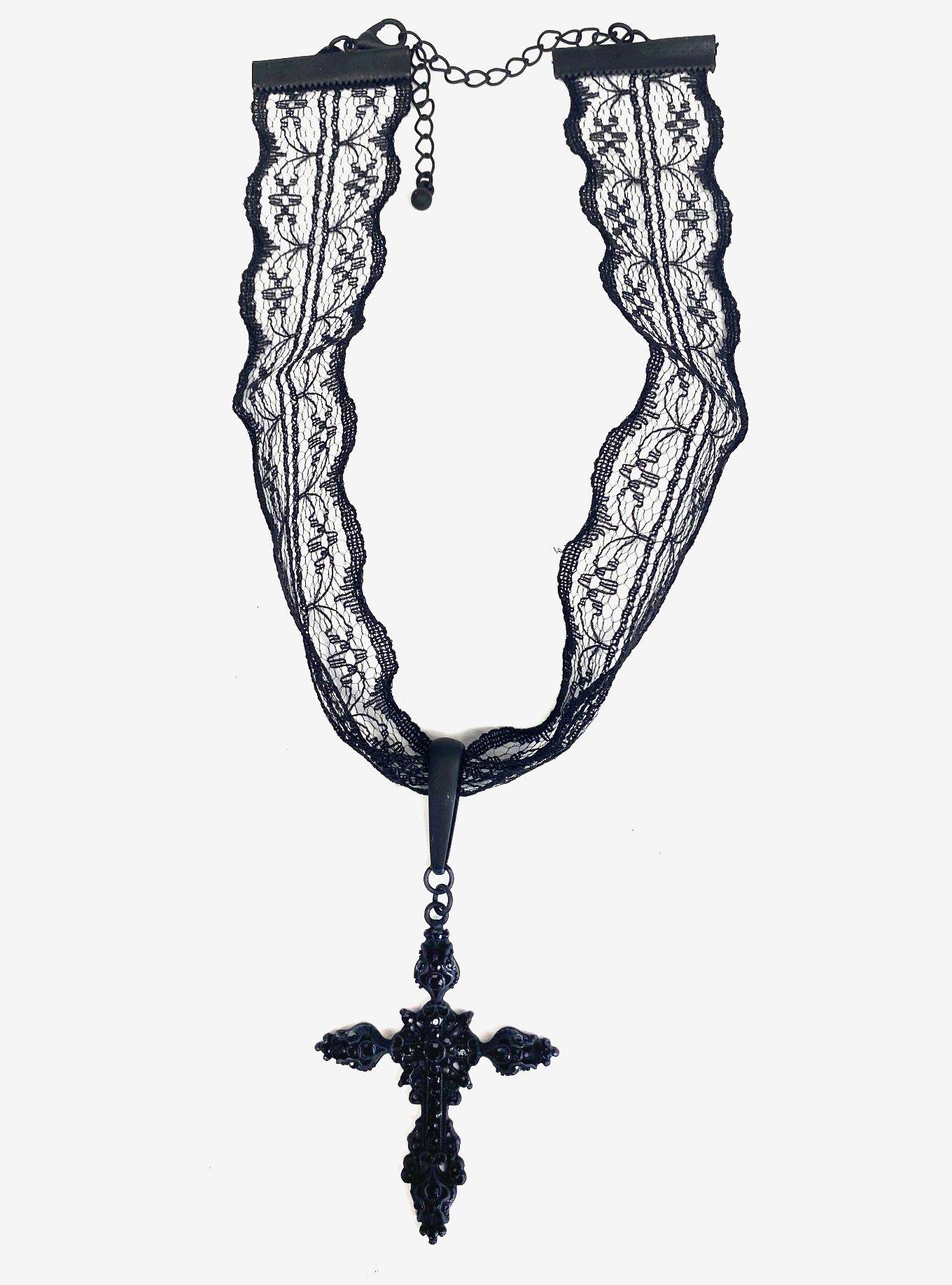 Black Cross Lace Choker, , hi-res