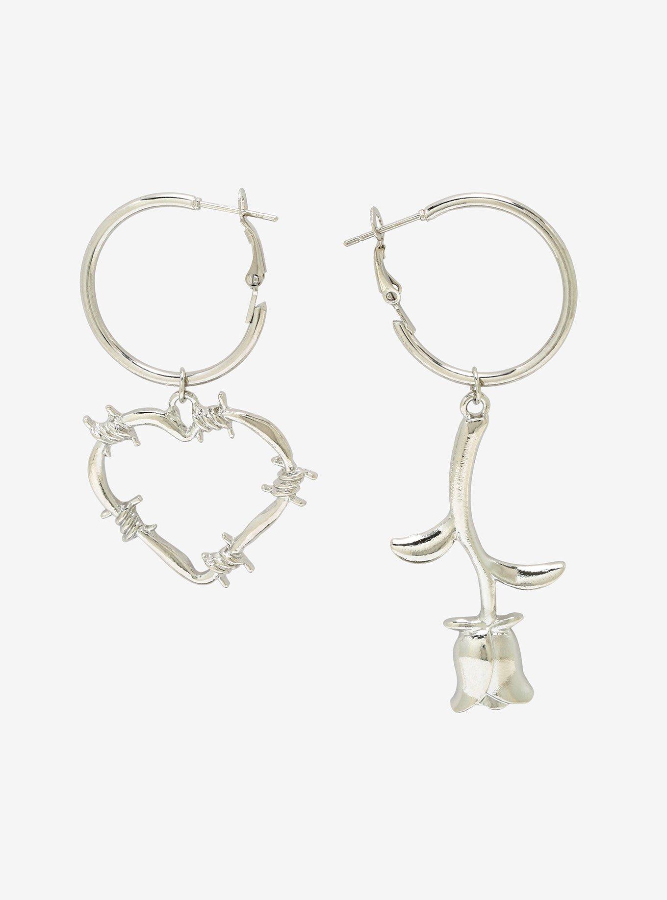 Rose Barbed Wire Heart Mismatch Hoop Earrings, , hi-res