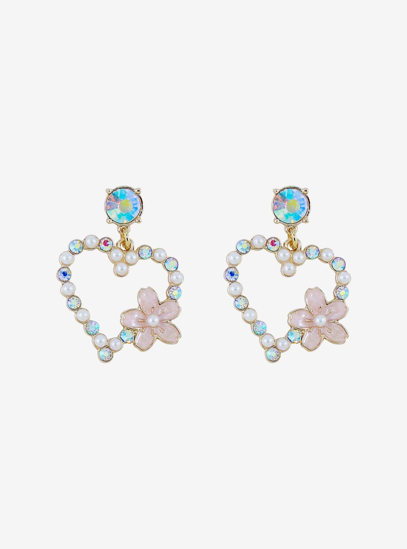 Pearly & Cherry Blossom Heart Earrings, , hi-res