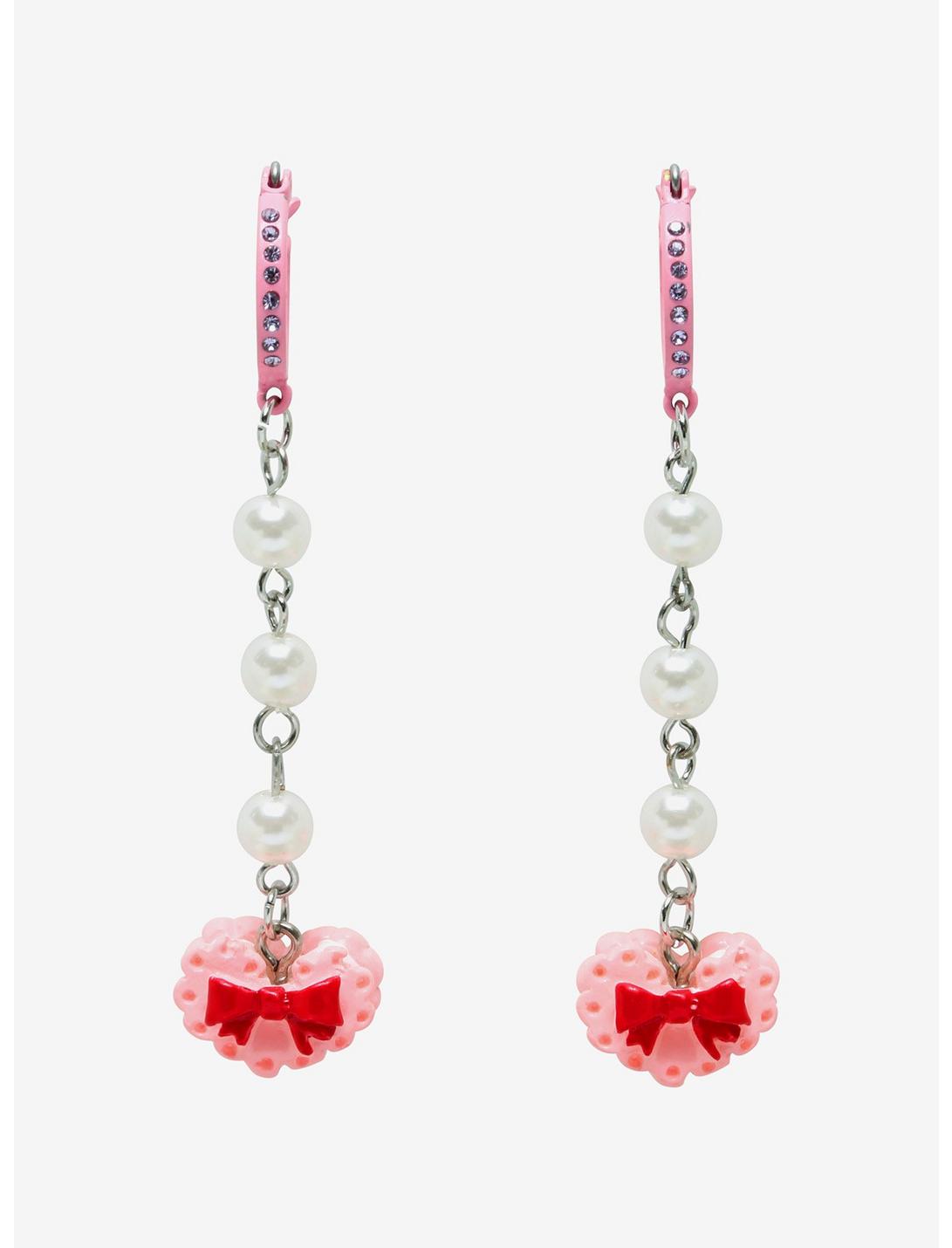 Pink Heart Macaron Pearl Mini Hoop Earrings, , hi-res