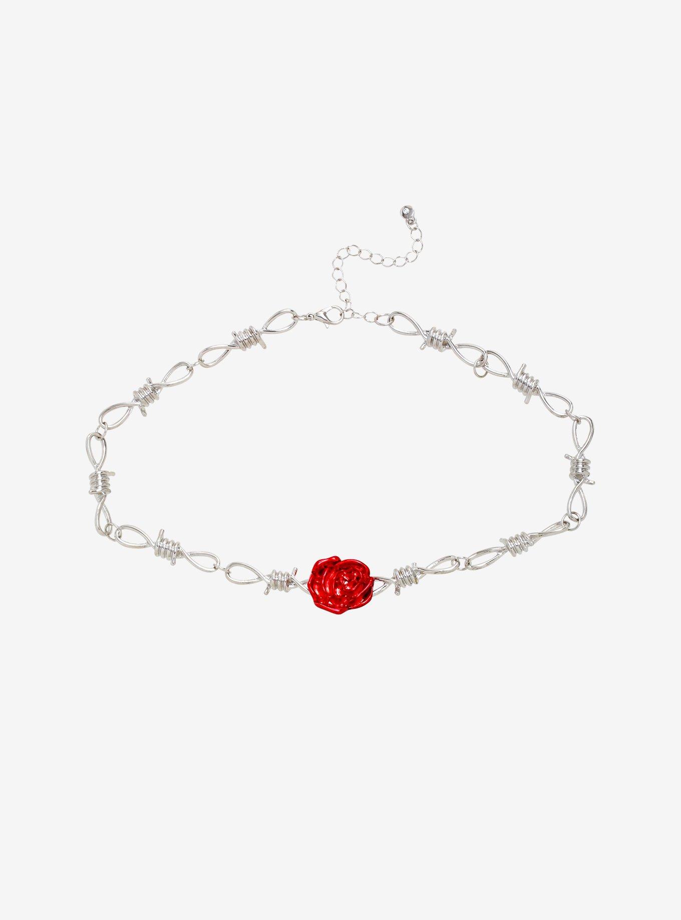 Blackheart Red Rose Barbed Wire Choker, , hi-res