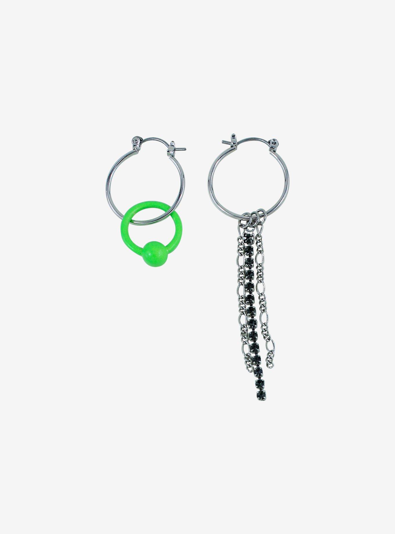 Neon Green & Chains Mismatch Earrings, , hi-res