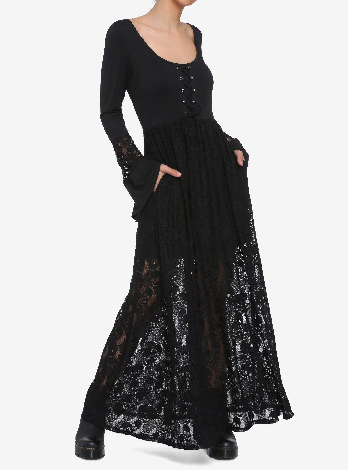 Skull Lace Bell Sleeve Maxi Dress, BLACK, hi-res