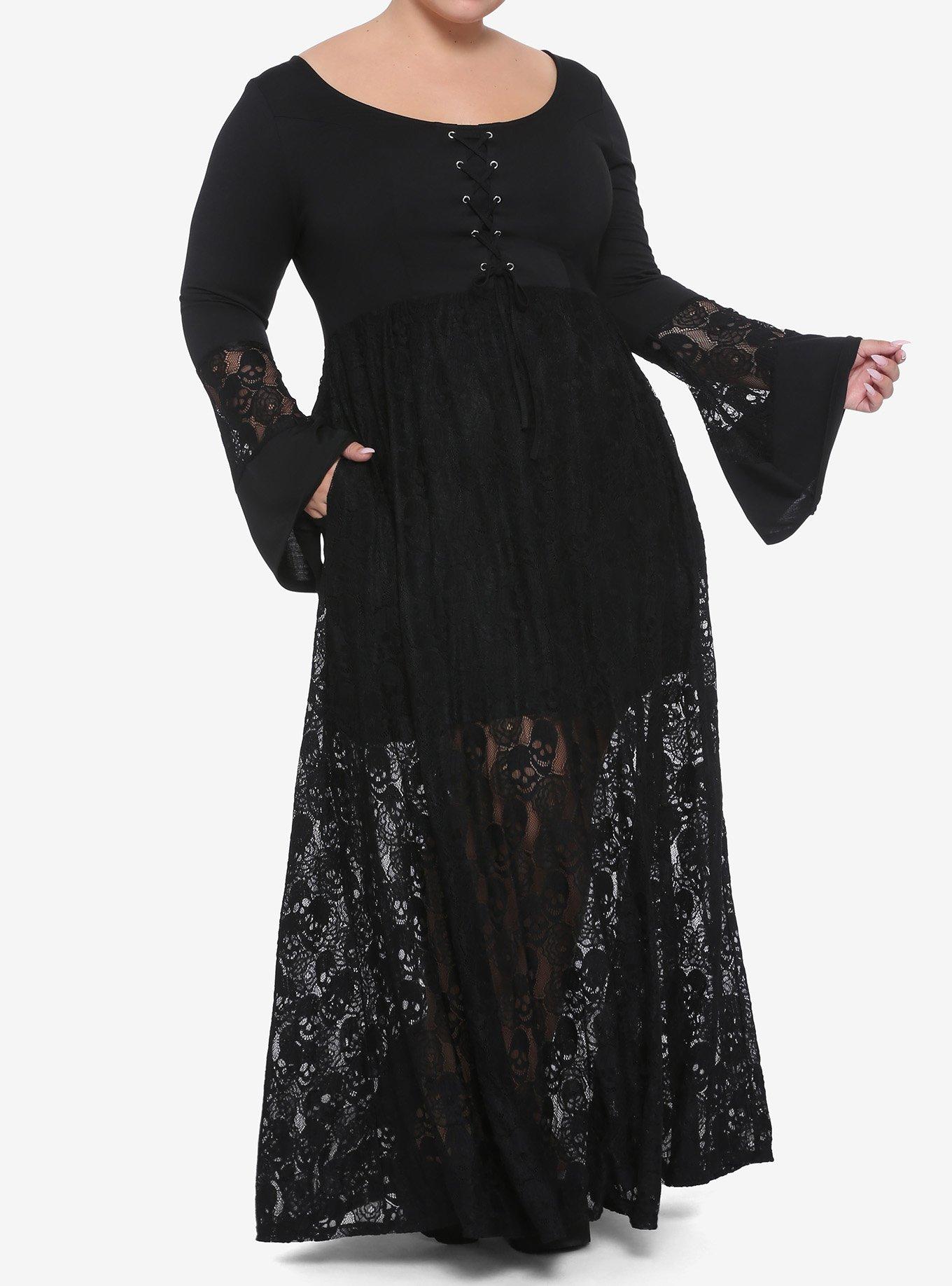 Skull Lace Bell Sleeve Maxi Dress Plus Size, BLACK, hi-res