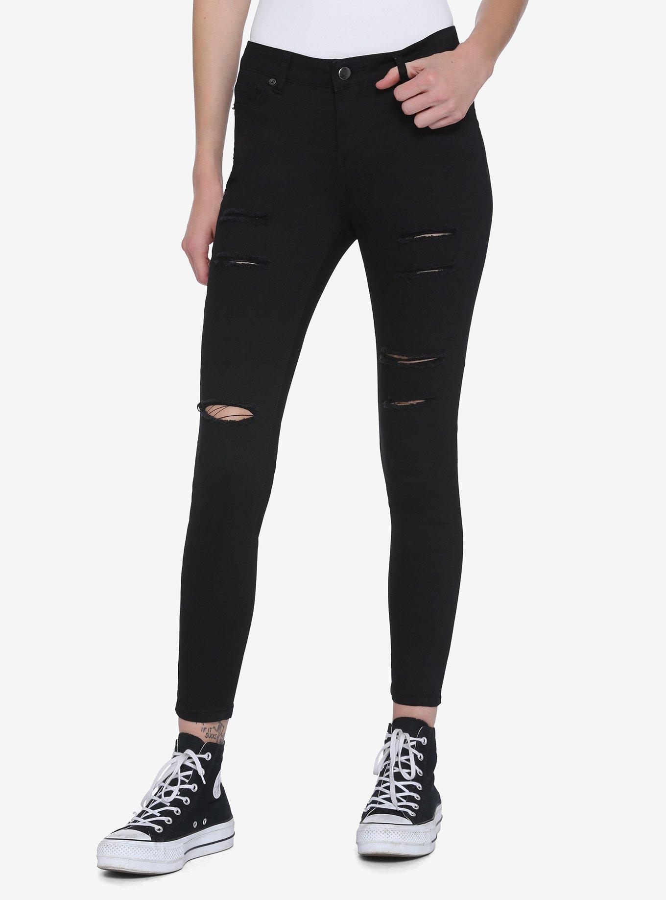 Black Distructed Skinny Jeans, BLACK, hi-res view 1