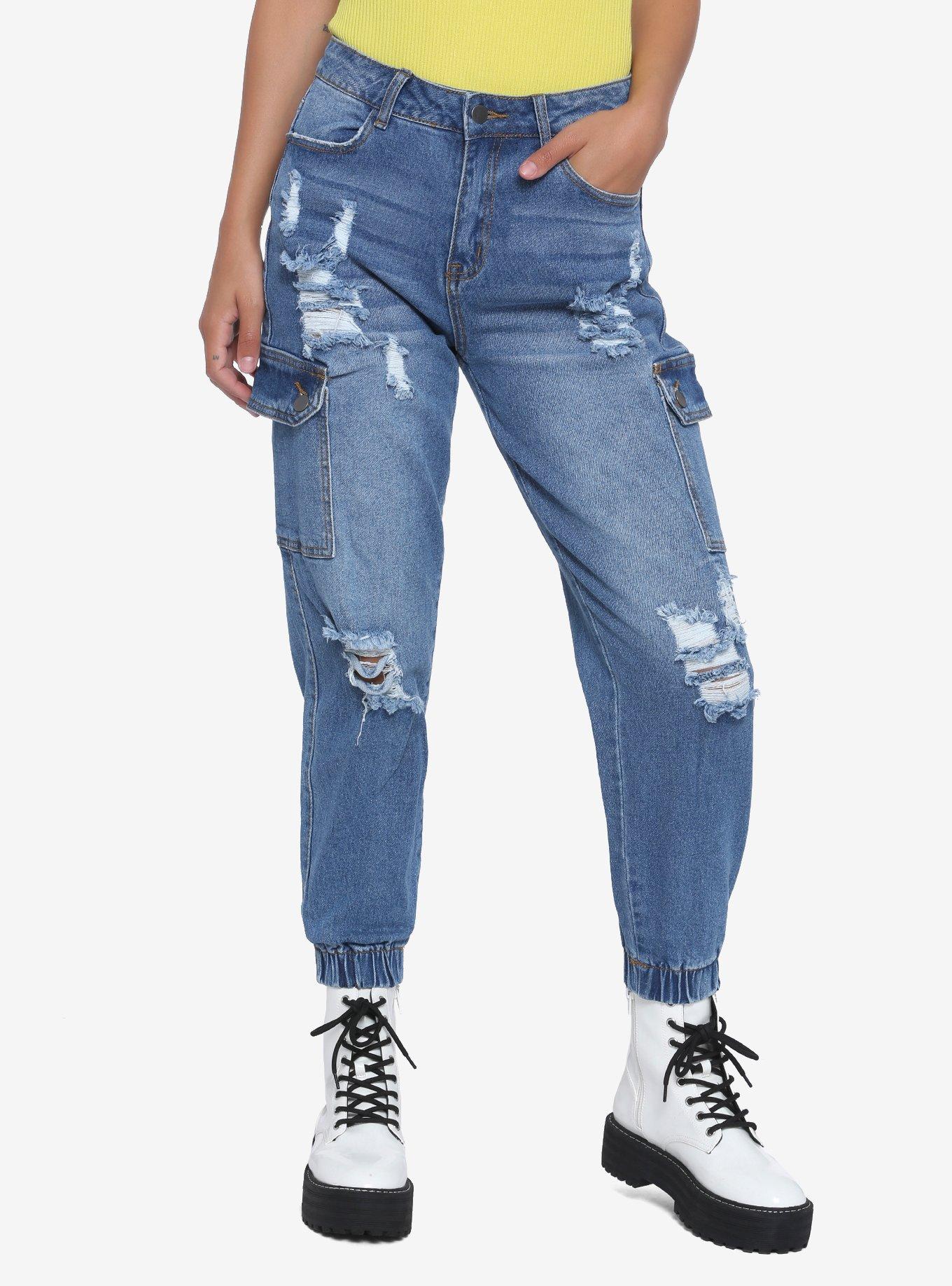 Indigo Denim Destructed Girls Jogger Pants, INDIGO, hi-res