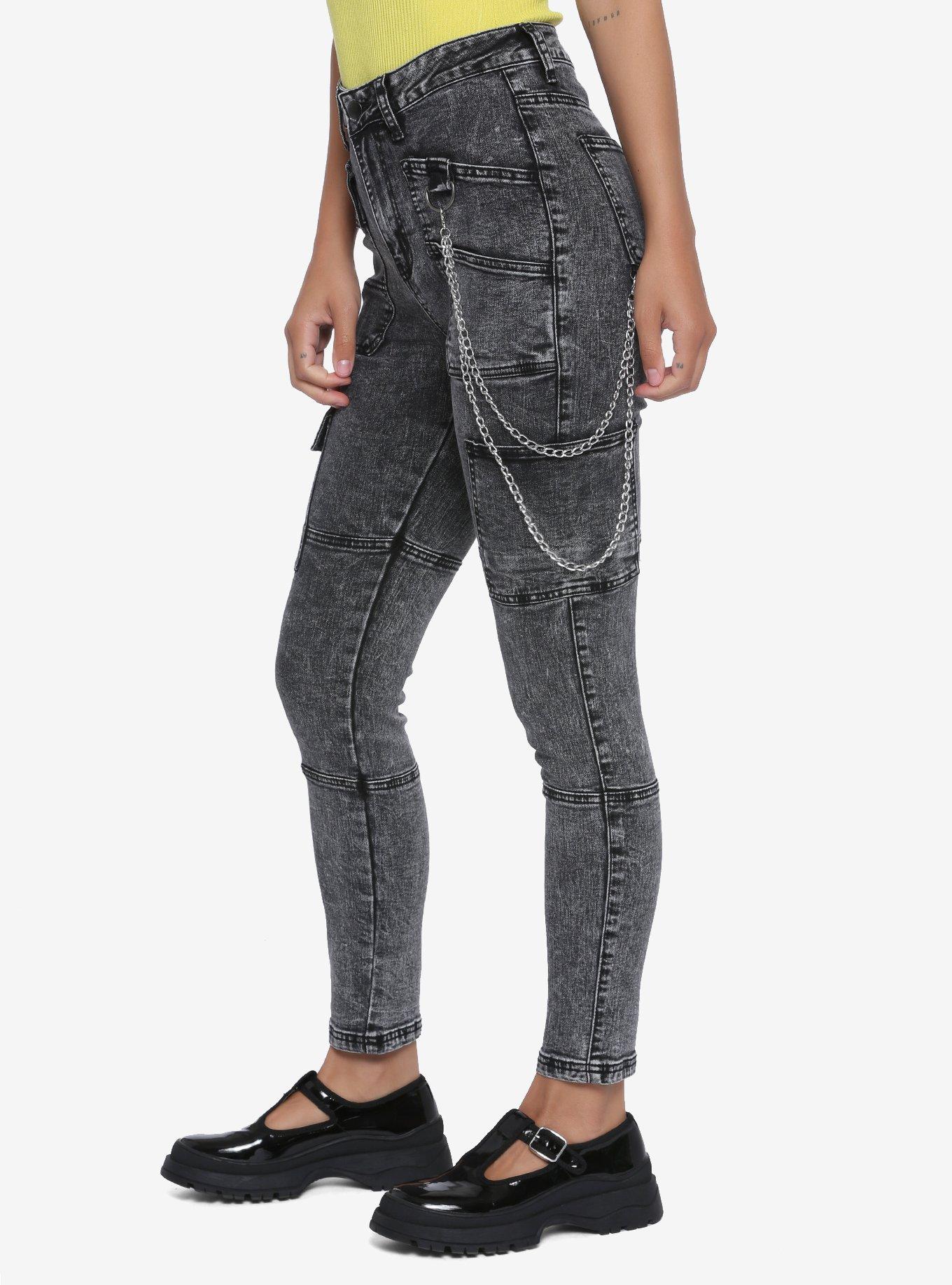Black Washed Pockets & Chains Skinny Jeans, BLACK, hi-res