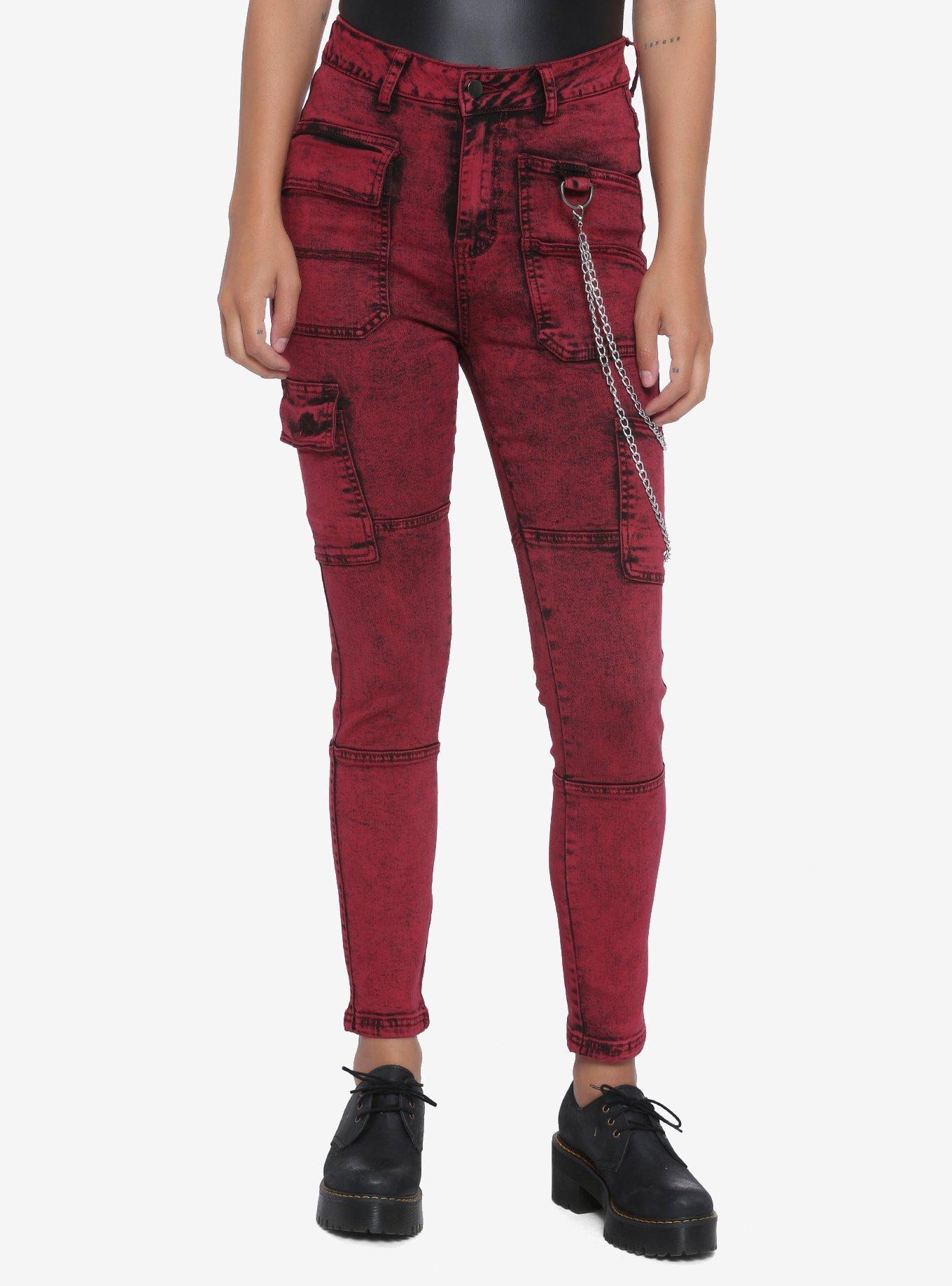 Pockets & Chains Red Washed Skinny Jeans, RED, hi-res
