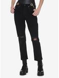 Double Gold Chain & Distressed Straight Leg Black Jeans, BLACK, hi-res