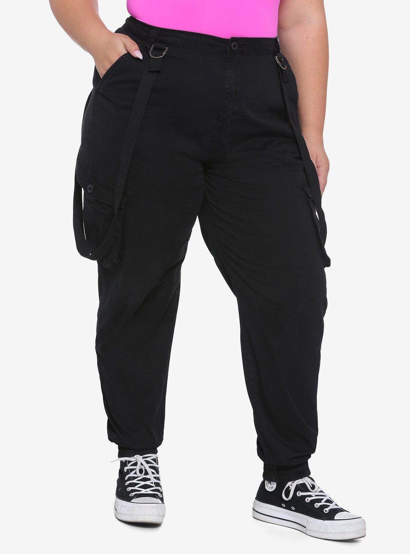 Black Suspender Cargo Pants Plus Size, BLACK, hi-res