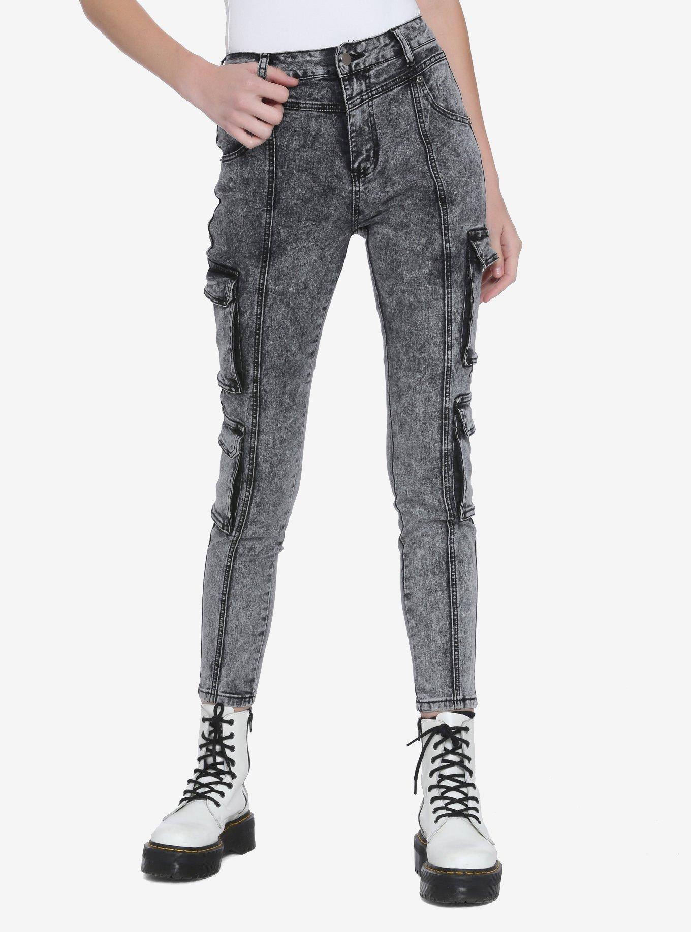 Black Washed Cargo Skinny Jeans, BLACK, hi-res