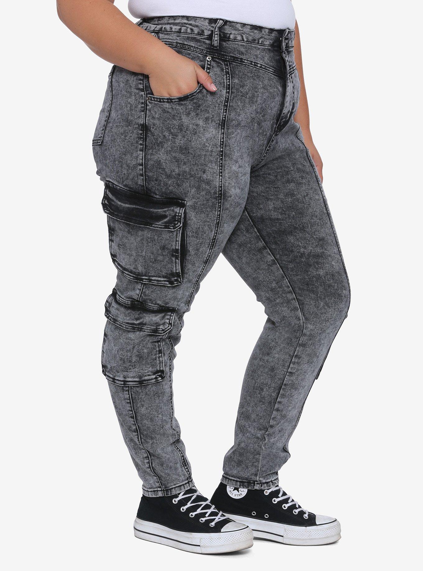 Black Washed Cargo Skinny Jeans Plus Size, BLACK, hi-res