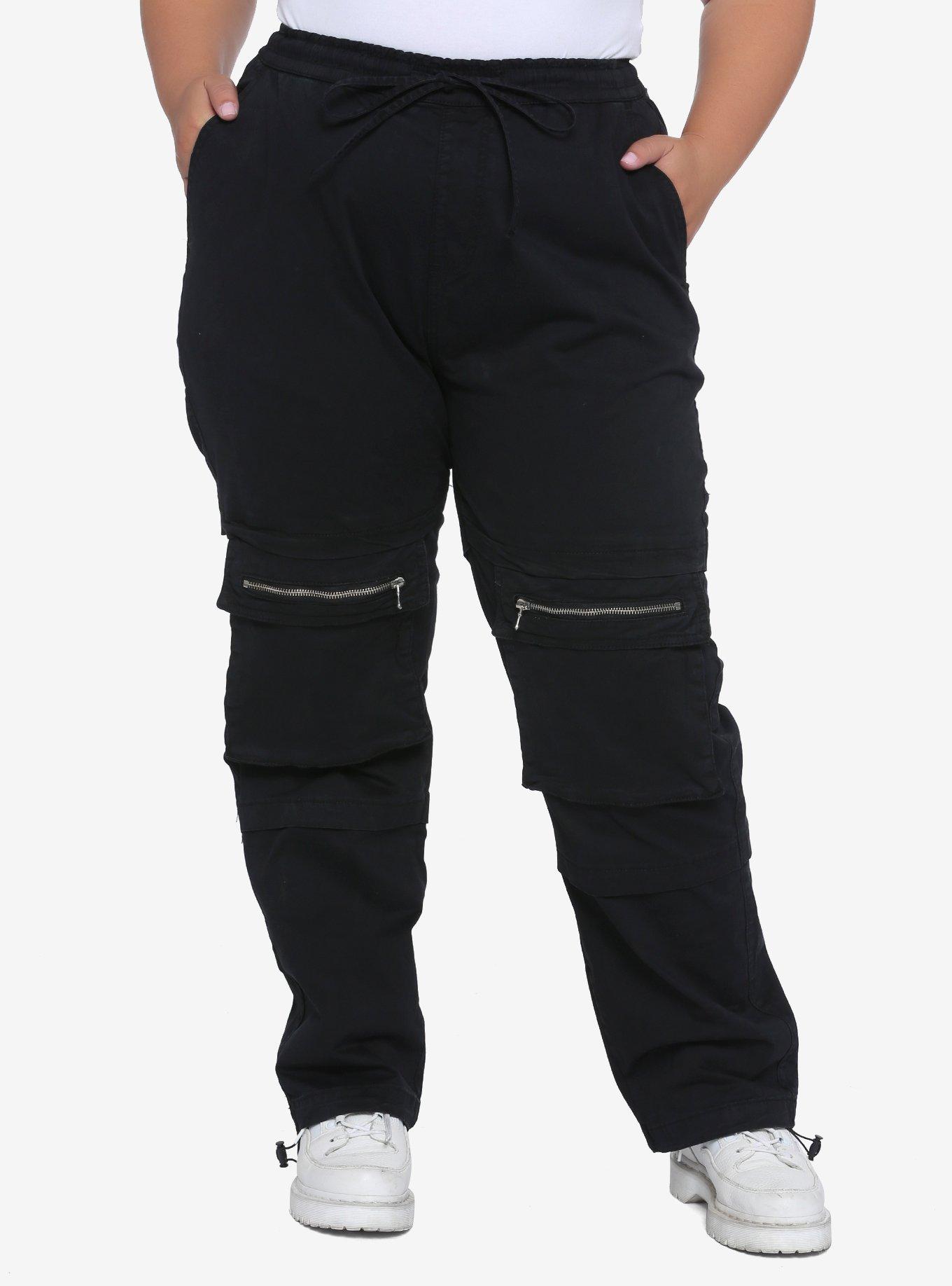 Black Zipper Pocket Jogger Pants Plus Size, BLACK, hi-res