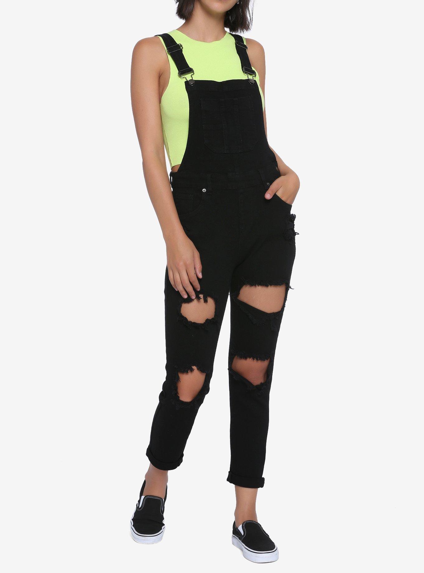 Black Destructed Overalls, BLACK, hi-res