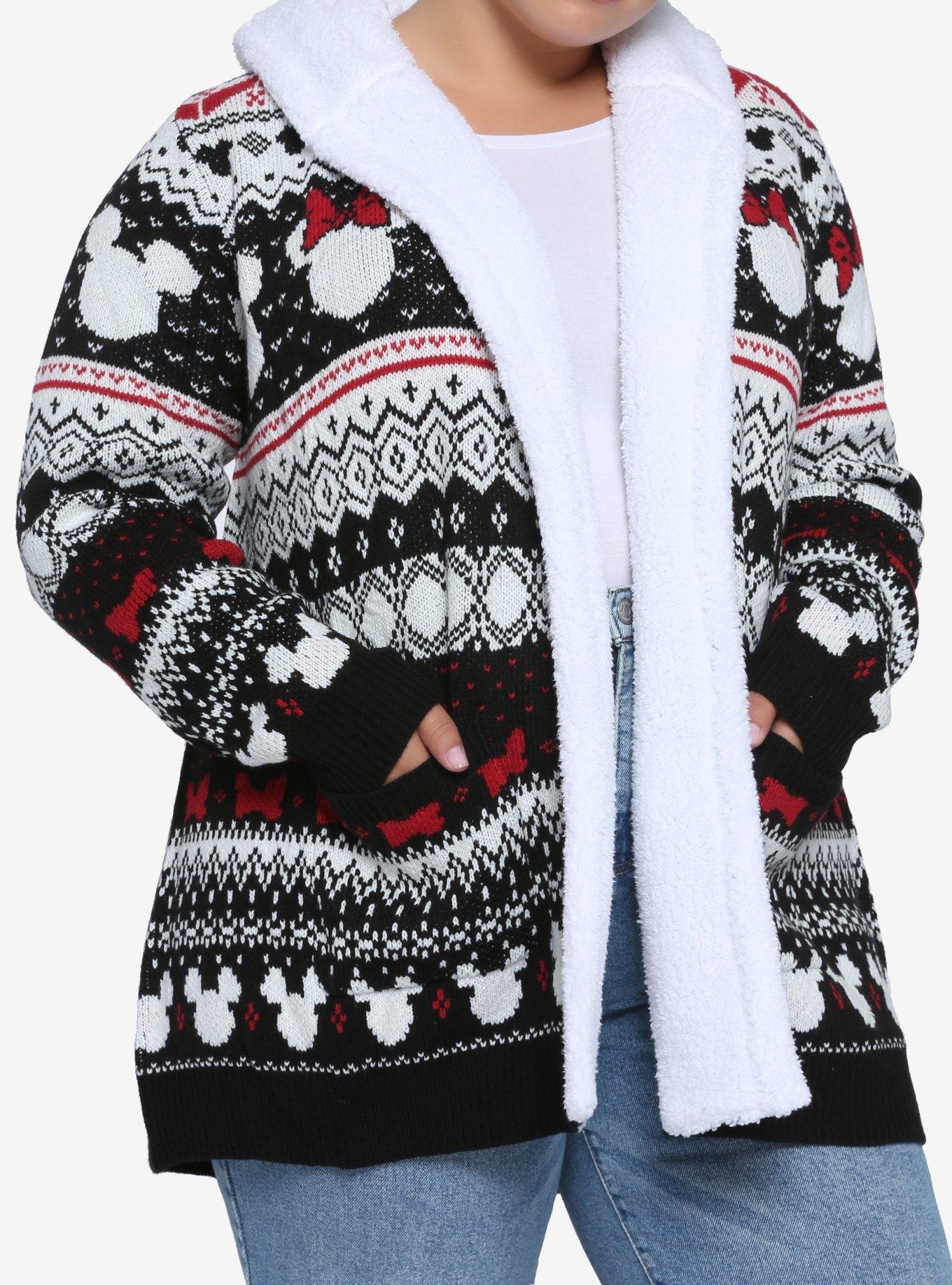 Disney Mickey Mouse & Minnie Mouse Fair Isle Sherpa Open Cardigan Plus Size, MULTI, hi-res