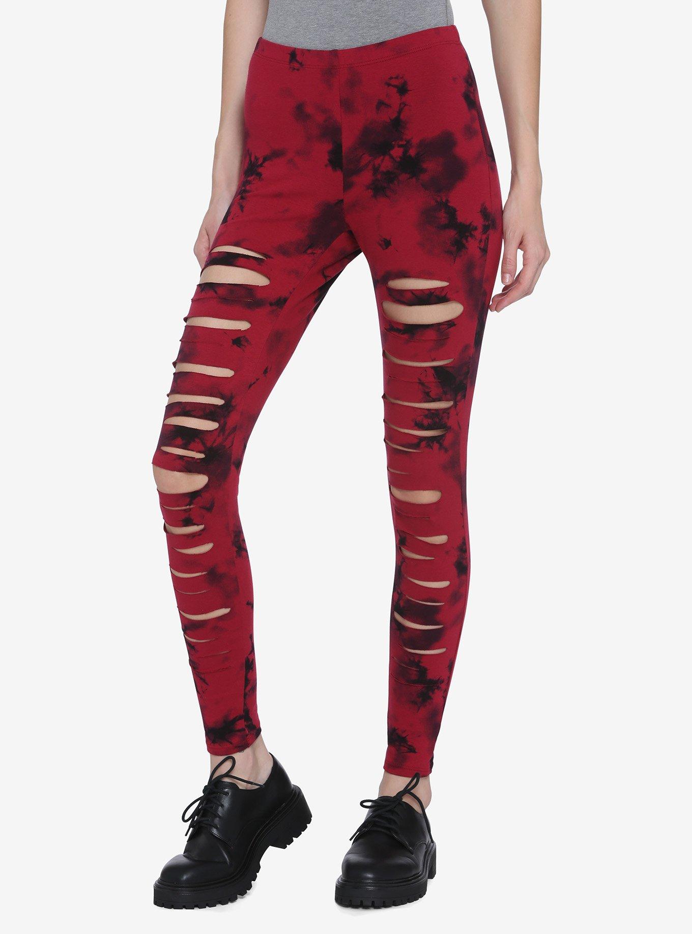 Red & Black Tie-Dye Shredded Leggings, TIE DYE, hi-res