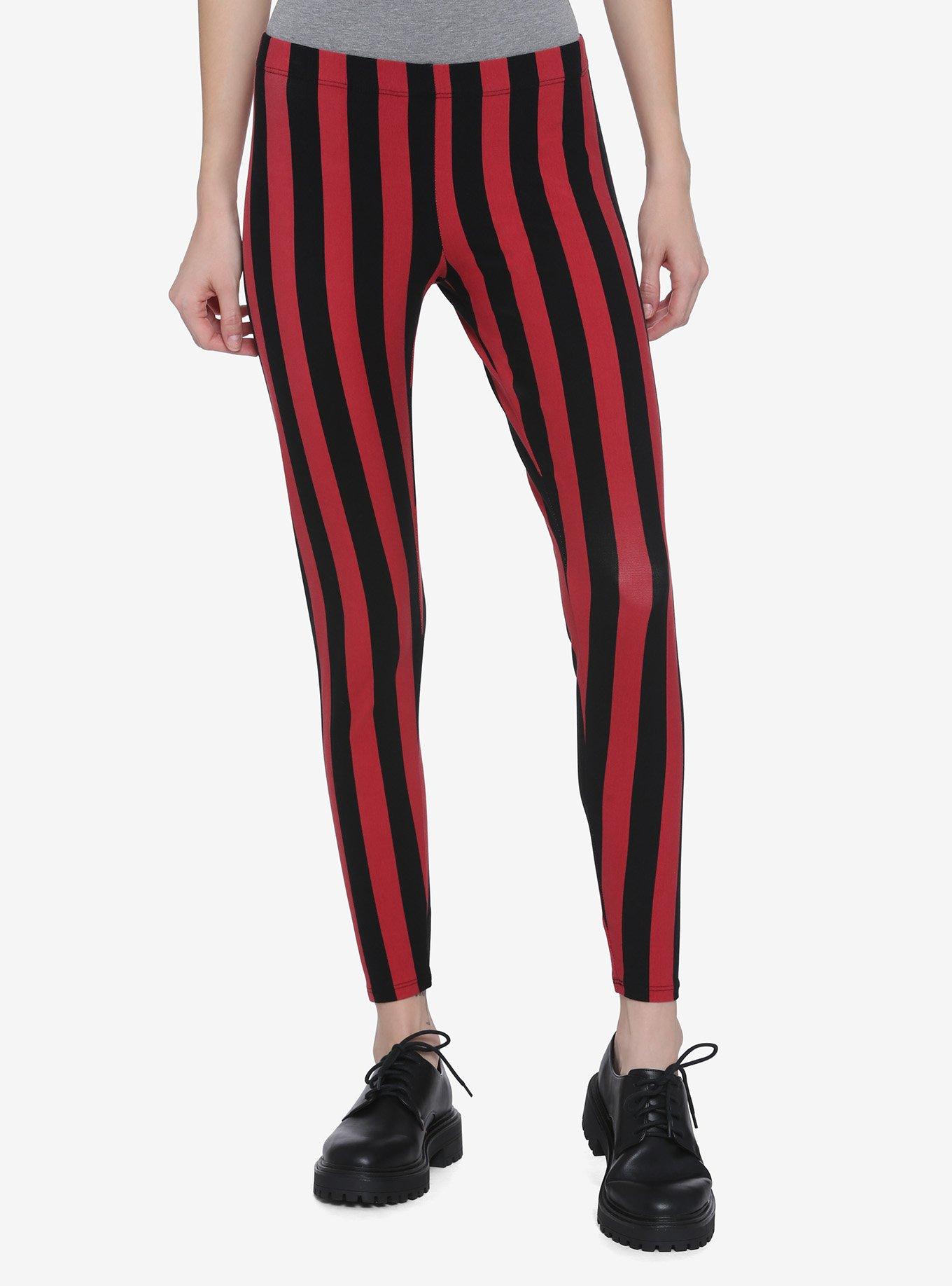 Red & Black Vertical Stripes Printed Leggings