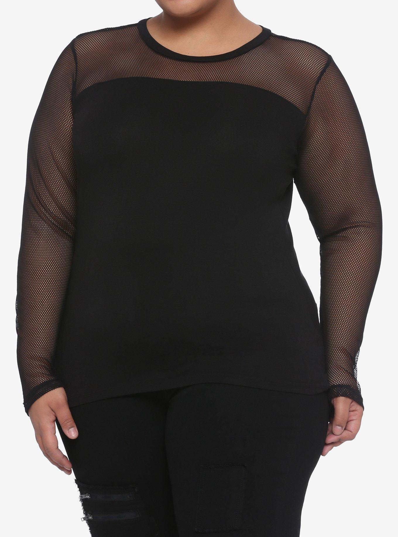 Black Mesh & Panels Long-Sleeve T-Shirt Plus Size, BLACK, hi-res