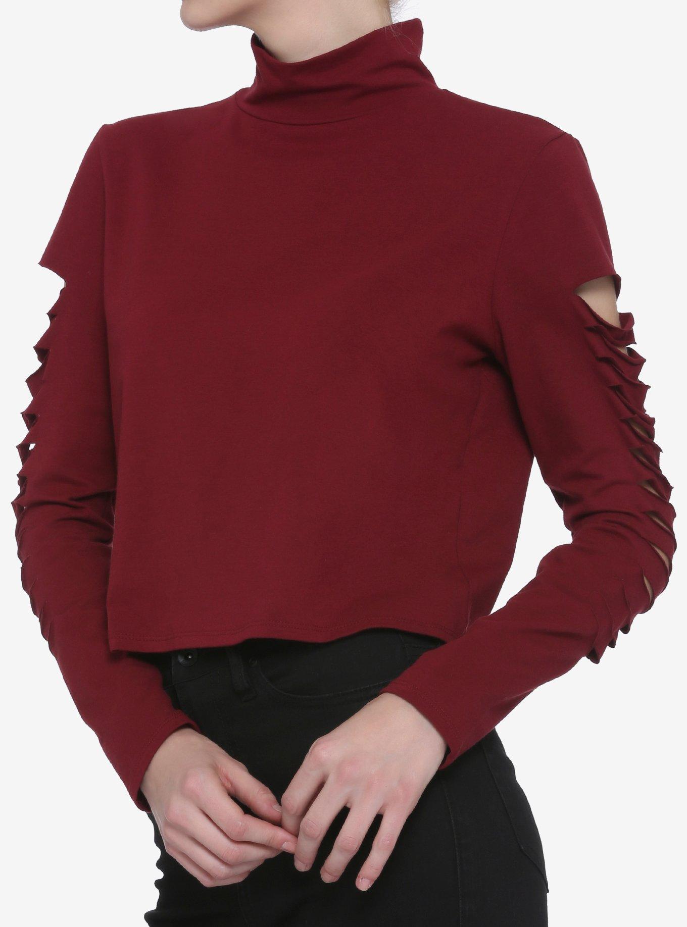 Burgundy Slashed Mock Neck Long-Sleeve Girls Top, BURGUNDY, hi-res