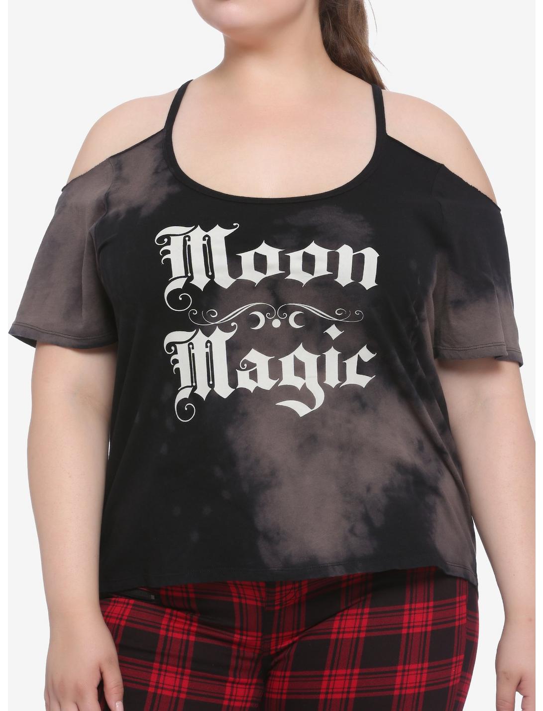 Moon Magic Tie-Dye Cold Shoulder Girls Top Plus Size, BLACK, hi-res