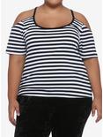 Black & White Stripe Cold Shoulder Girls Top Plus Size, MULTI, hi-res