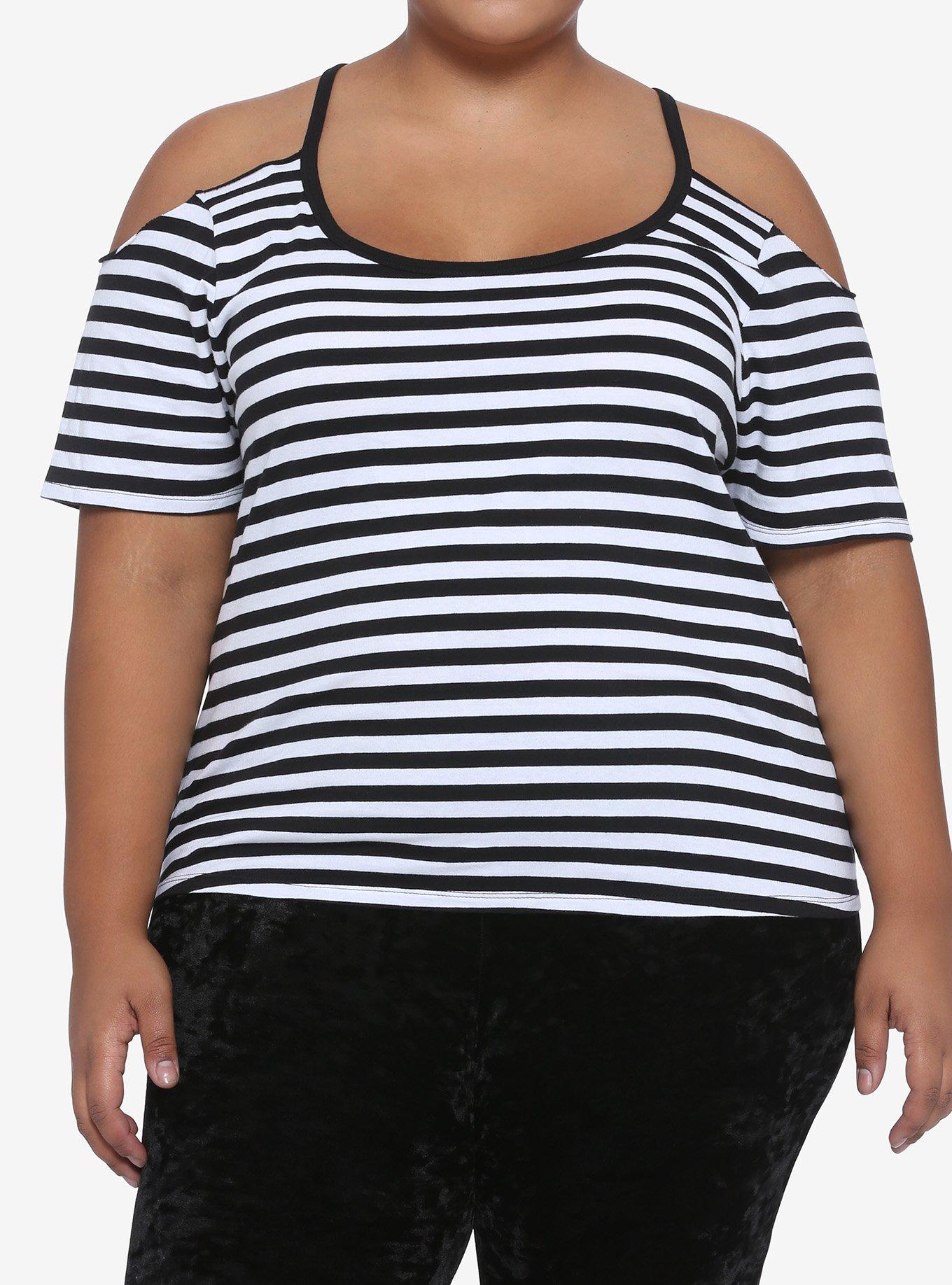 Black & White Stripe Cold Shoulder Girls Top Plus Size, MULTI, hi-res