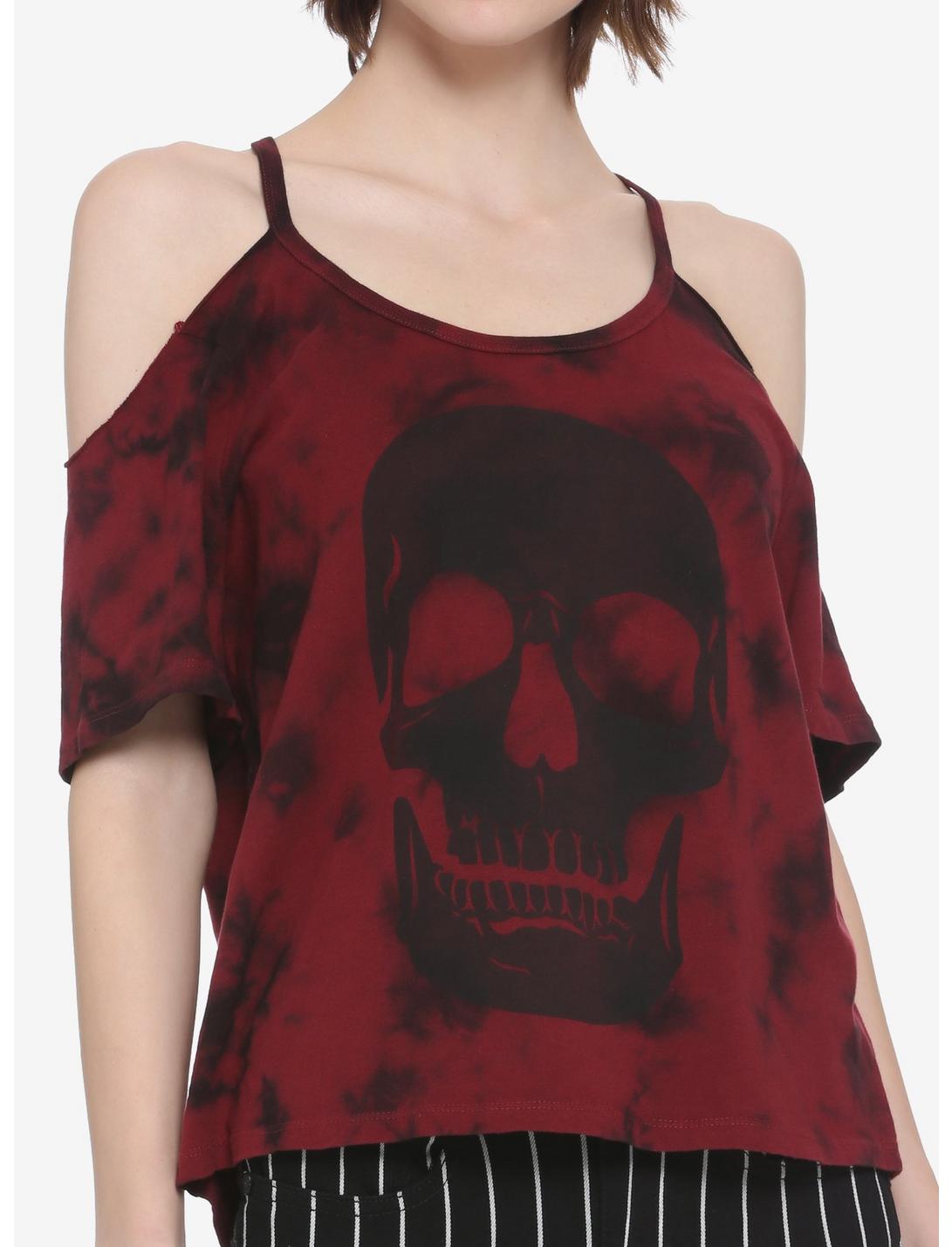 Skull Red & Black Tie-Dye Cold Shoulder Girls Top, MULTI, hi-res