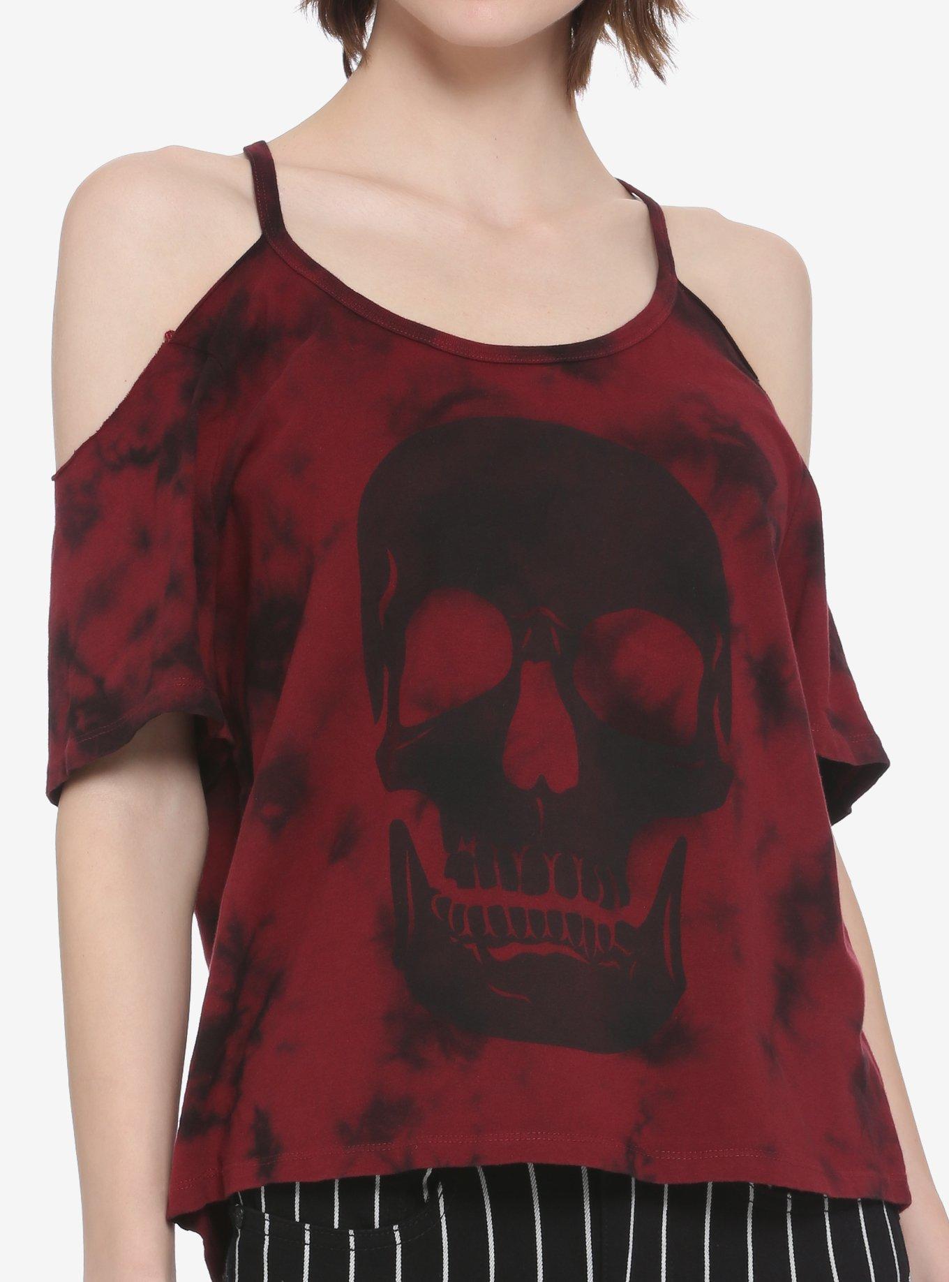 Skull Red & Black Tie-Dye Cold Shoulder Girls Top, MULTI, hi-res