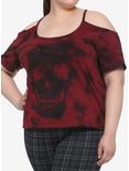 Skull Red & Black Tie-Dye Cold Shoulder Girls Top Plus Size, MULTI, hi-res