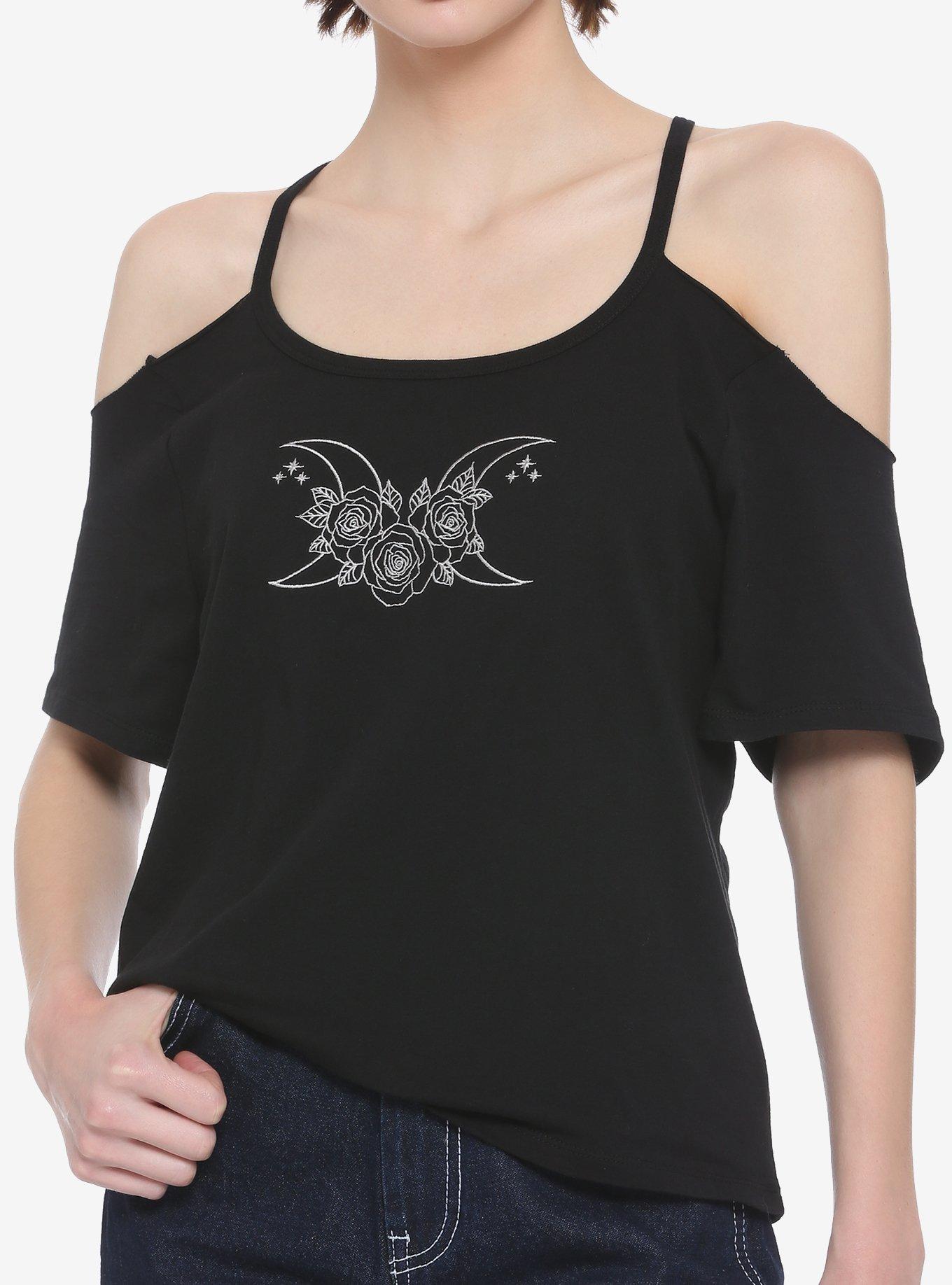 Moons & Roses Embroidered Cold Shoulder Girls Top, BLACK, hi-res