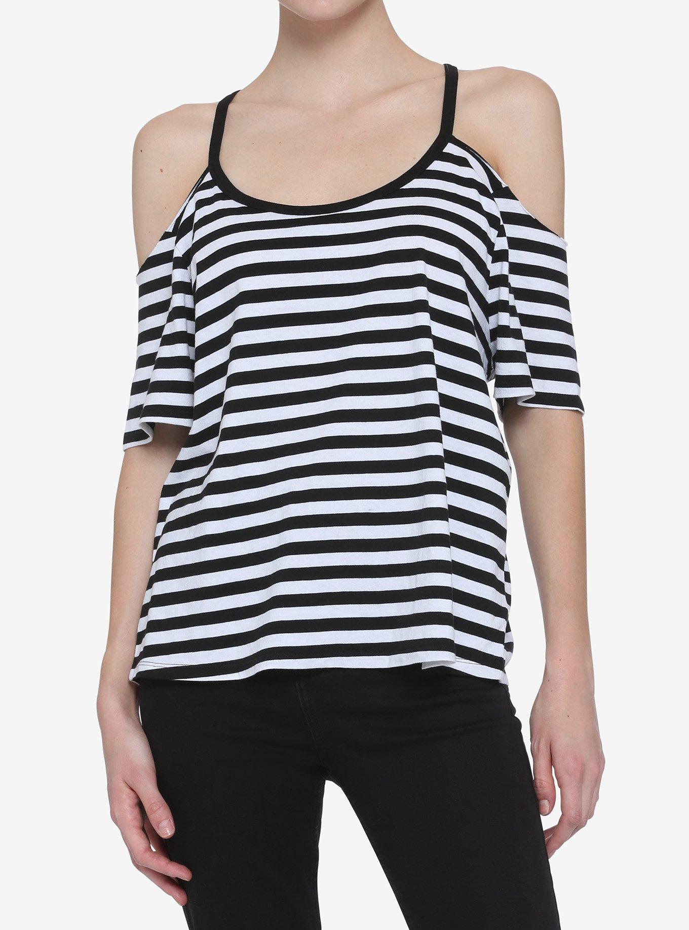 Black & White Stripe Cold Shoulder Girls Top, STRIPE - MULTI, hi-res