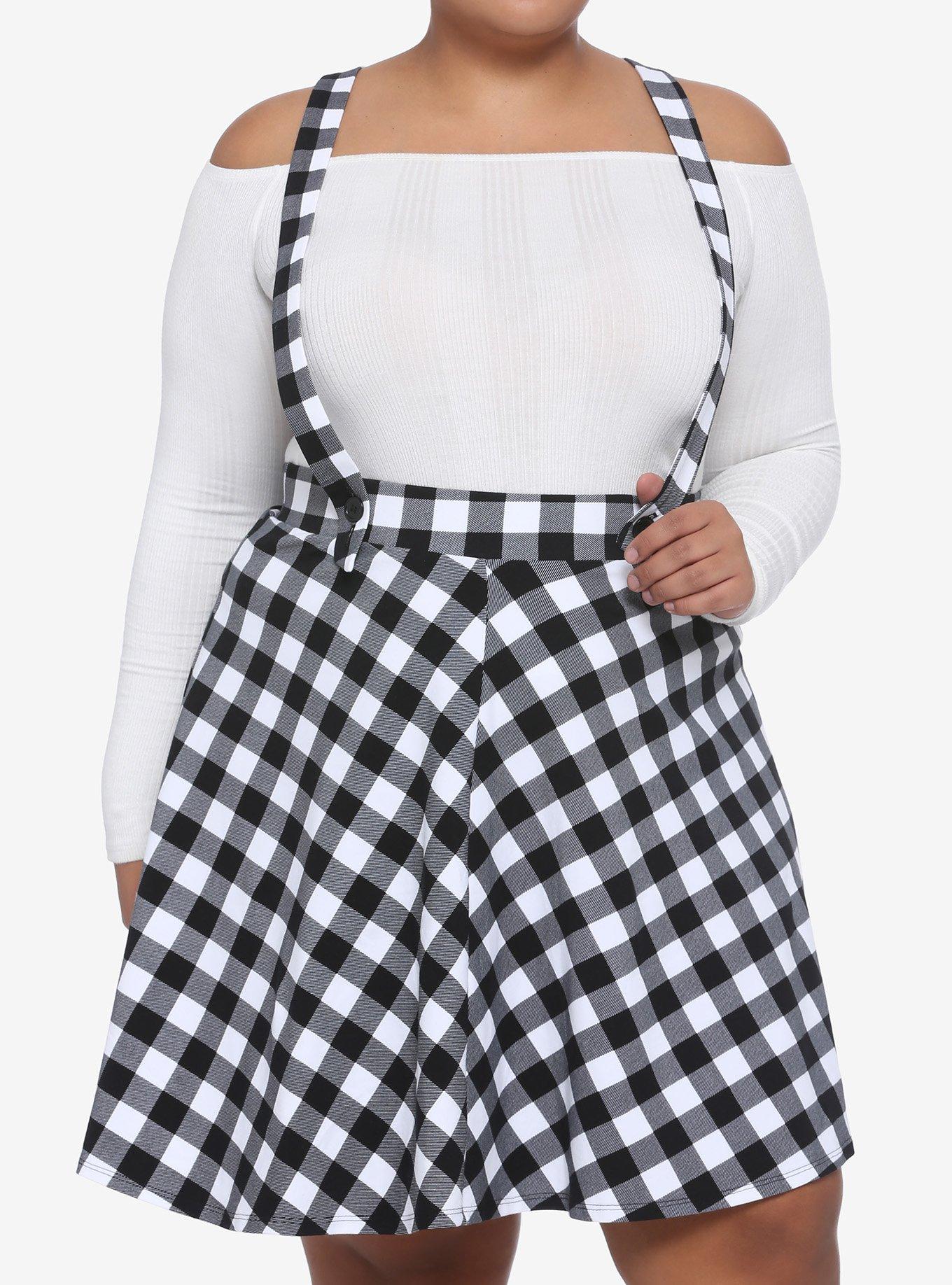 Black & White Gingham Suspender Skirt Plus Size, GINGHAM WHITE-BLACK, hi-res