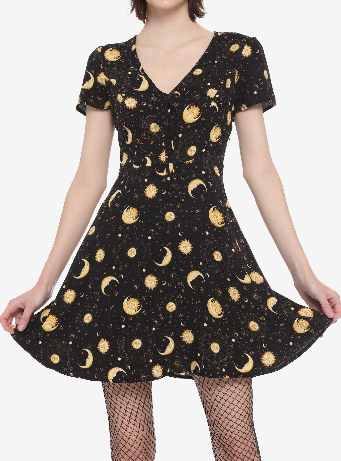 Black & Gold Celestial Babydoll Dress, CELESTIAL, hi-res