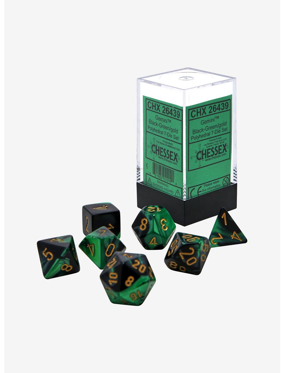 Chessex Black Green & Gold Polyhedral Dice Set, , hi-res