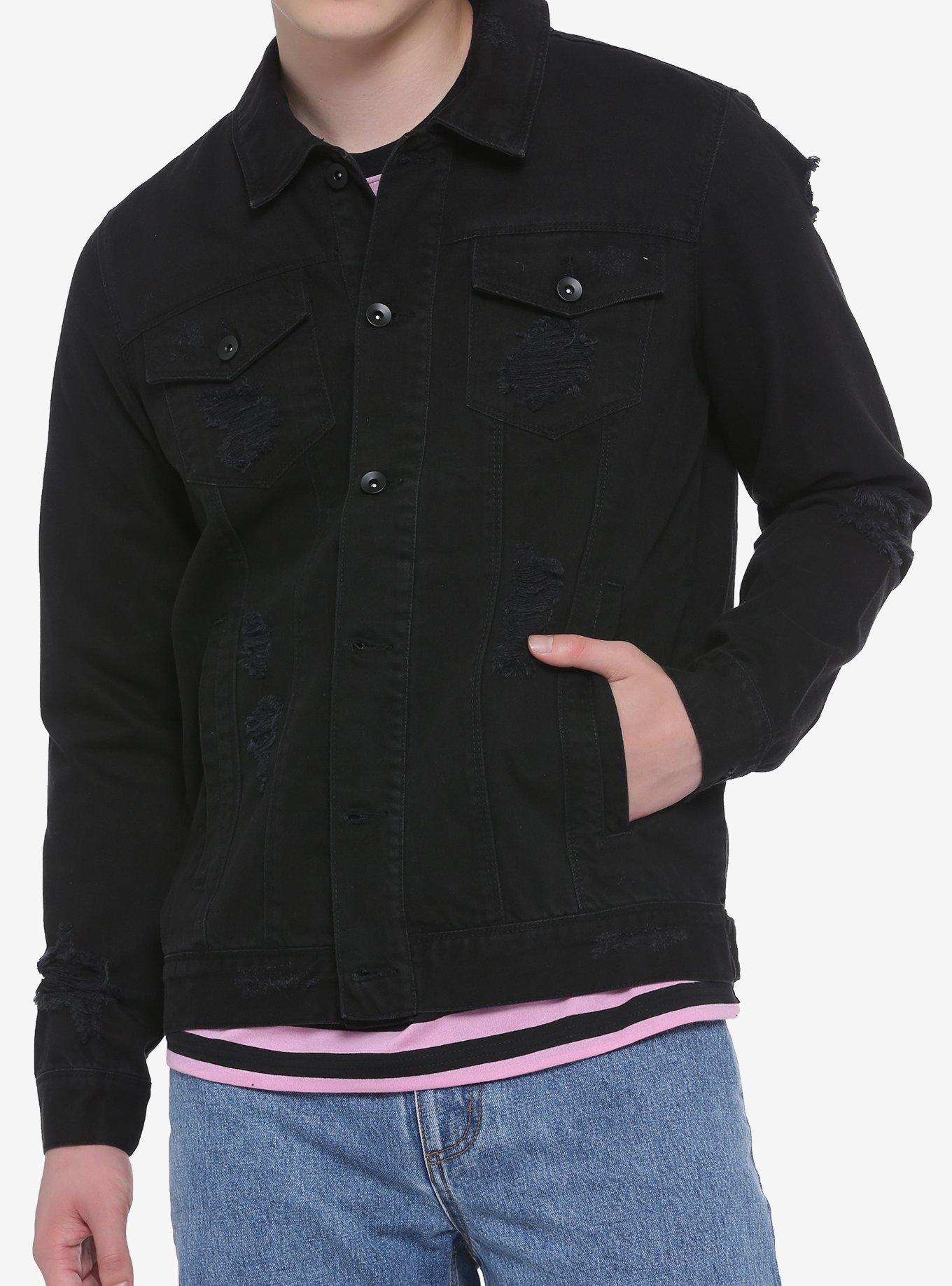 Black Destructed Denim Jacket, BLACK, hi-res