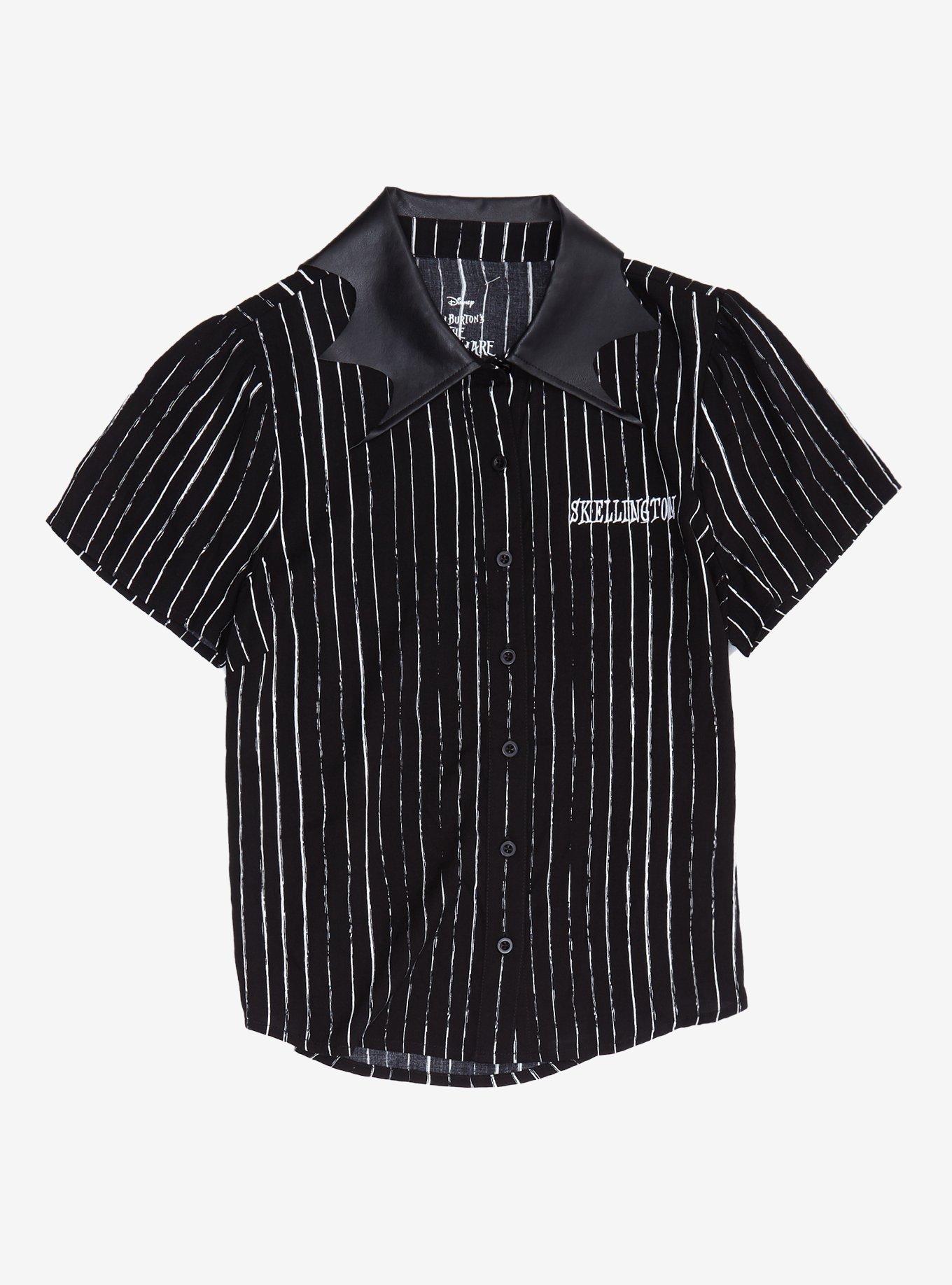 The Nightmare Before Christmas Jack Bat Pinstripe Button-Up Top, BLACK, hi-res