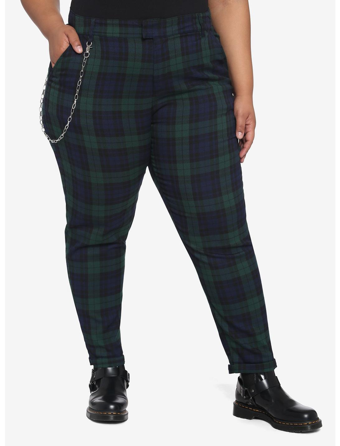 Blue & Green Plaid Pants With Detachable Chain Plus Size, PLAID - GREEN, hi-res
