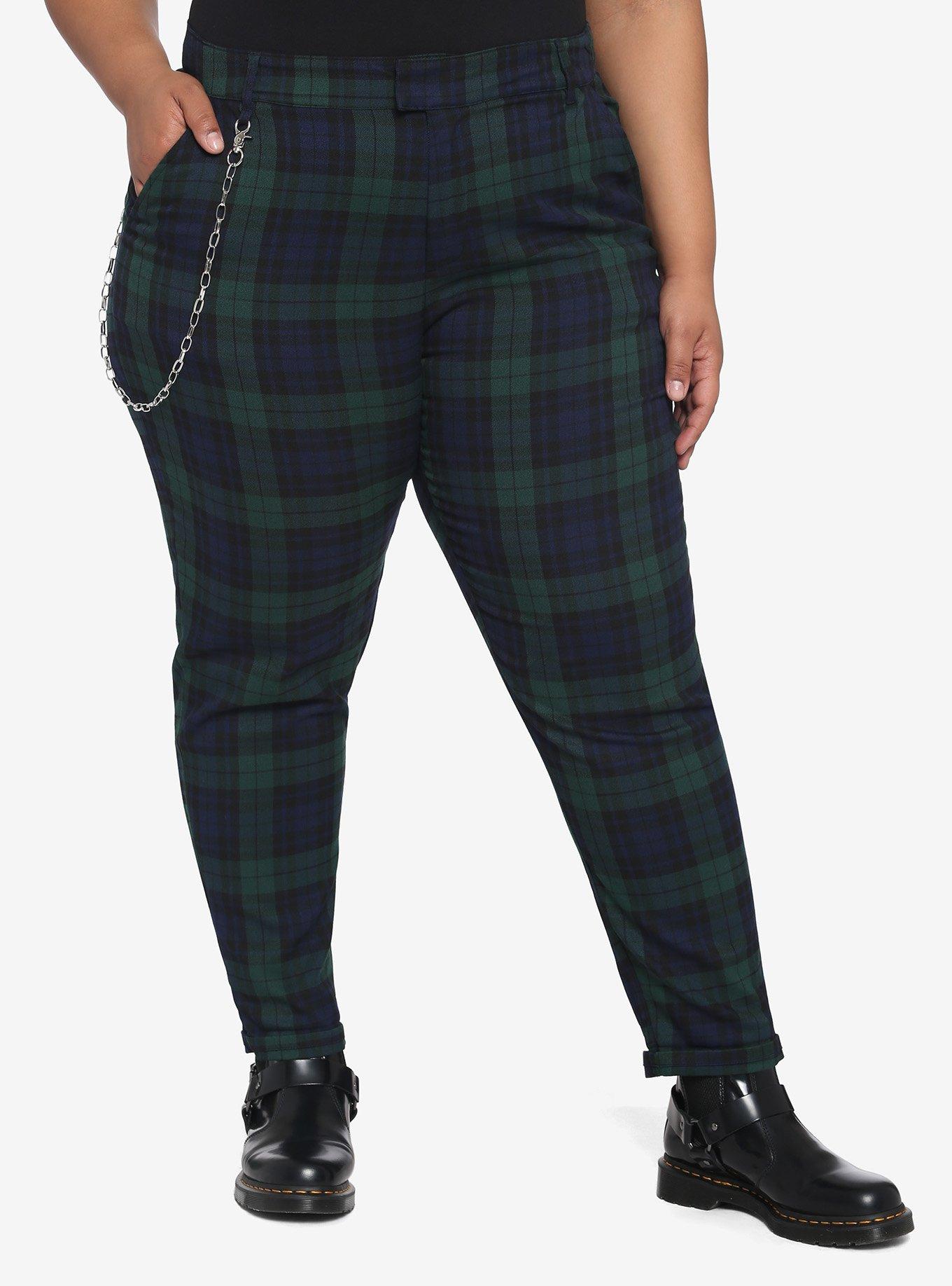 Blue & Green Plaid Pants With Detachable Chain Plus Size