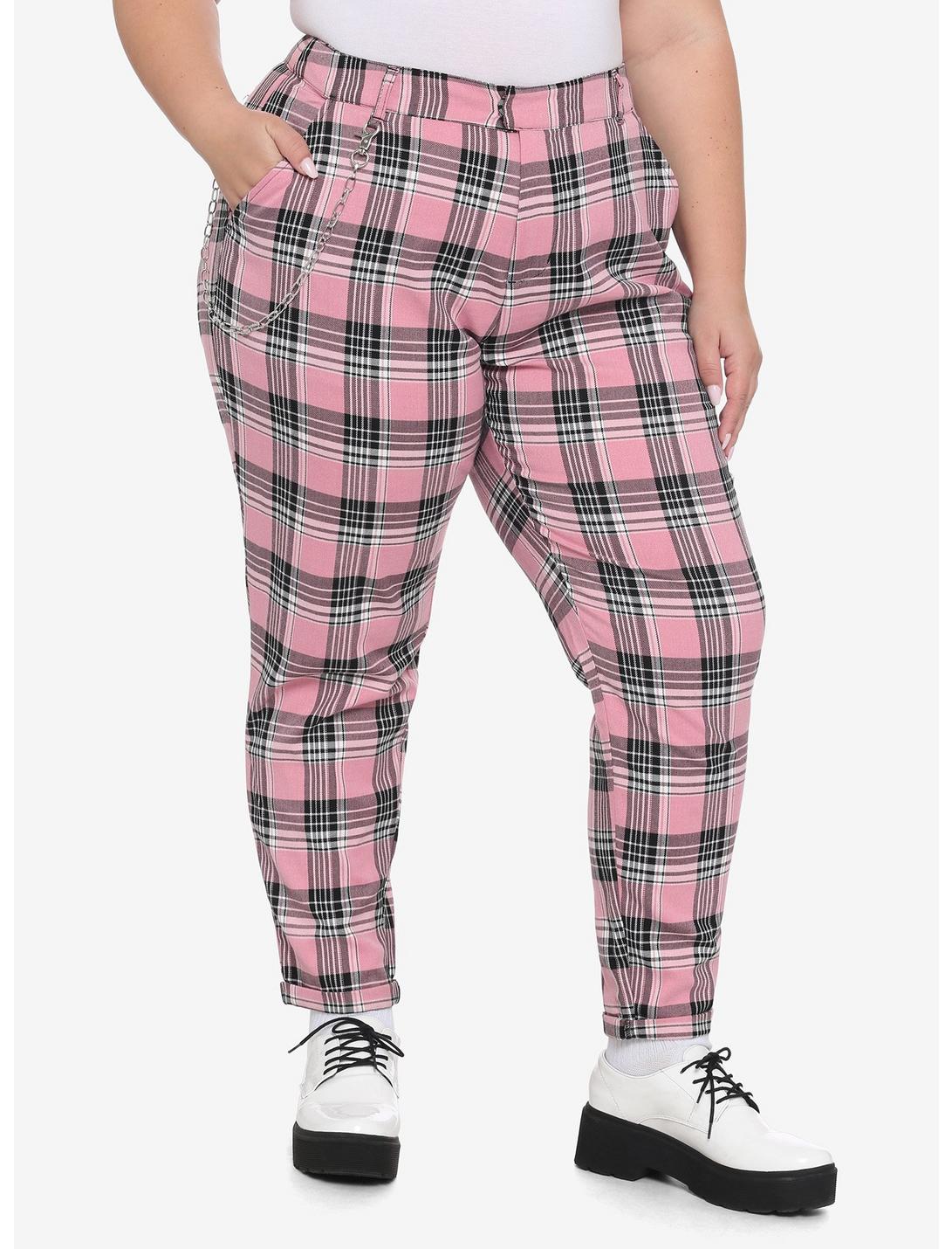 Pink Plaid Pants With Detachable Chain Plus Size, PLAID - PINK, hi-res