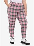 Pink Plaid Pants With Detachable Chain Plus Size, PLAID - PINK, hi-res