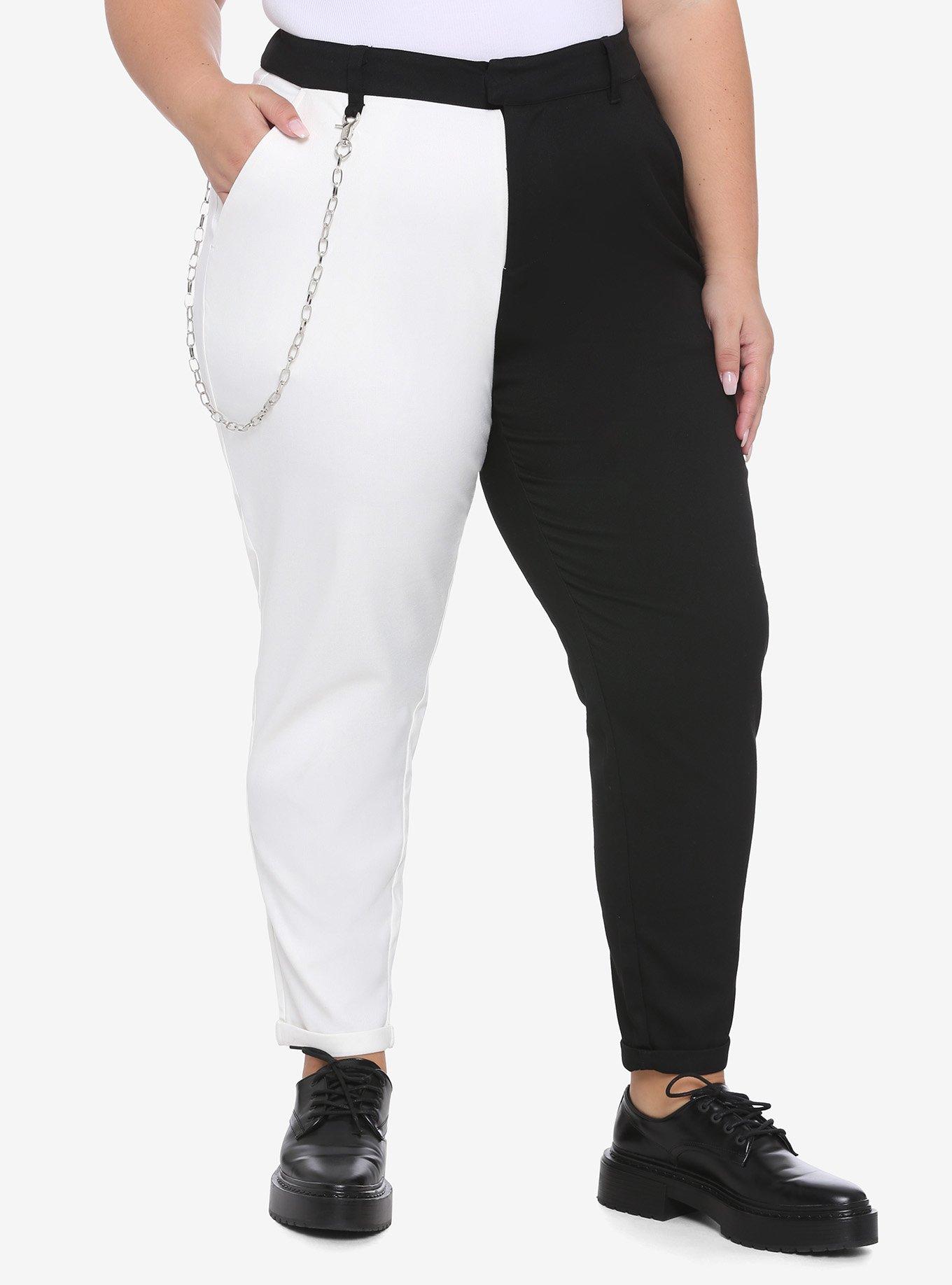 Black & White Split Pants With Detachable Chain Plus Size, MULTI, hi-res