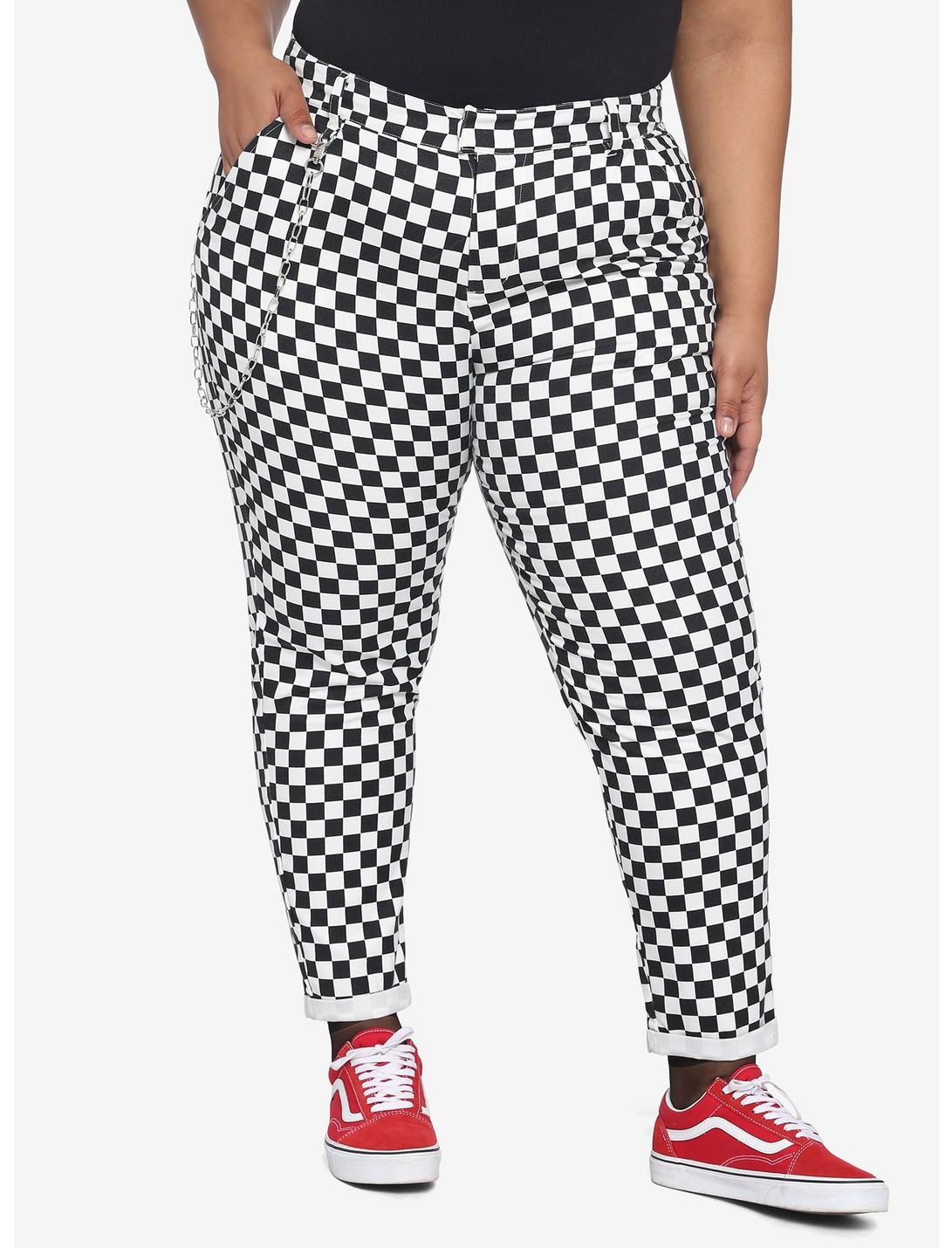 Black & White Checkered Pants With Detachable Chain Plus Size, MULTI, hi-res