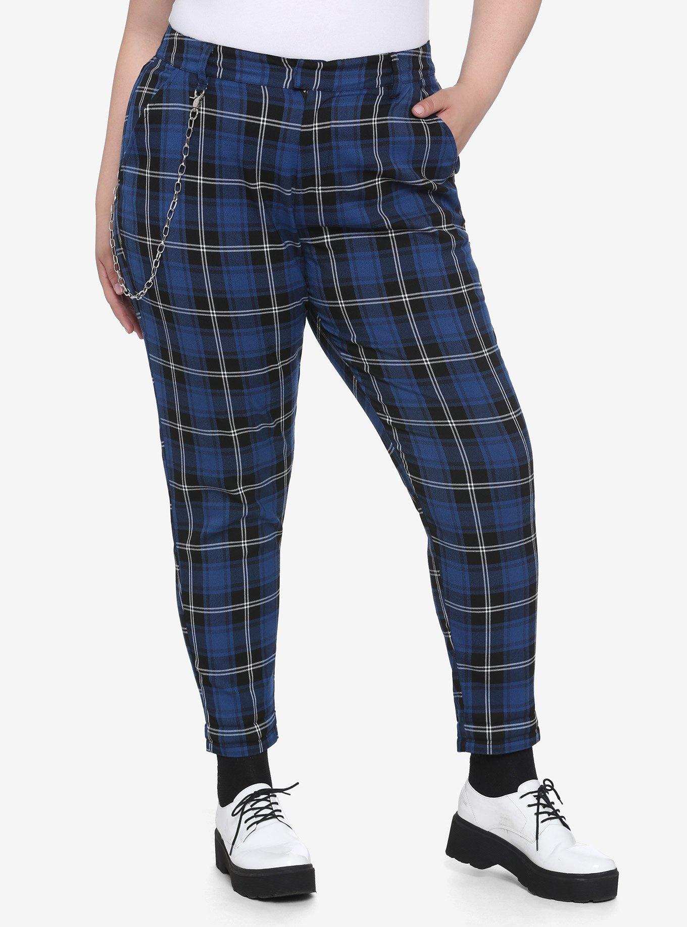 Blue Plaid Pants With Detachable Chain Plus Size, PLAID - BLUE, hi-res