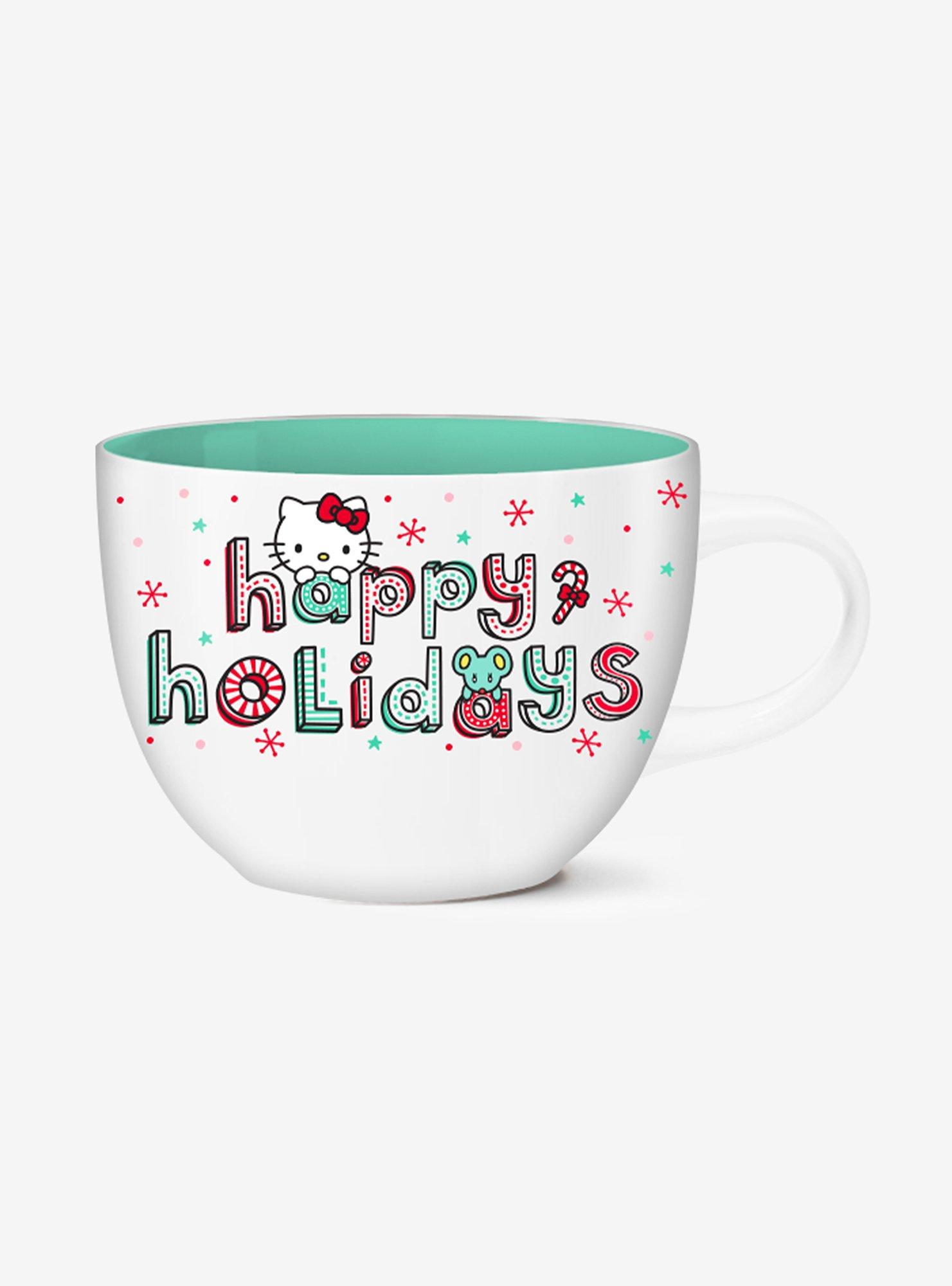 Hello Kitty Happy Holidays Glass Mug w/Lid & Spoon 17oz Christmas