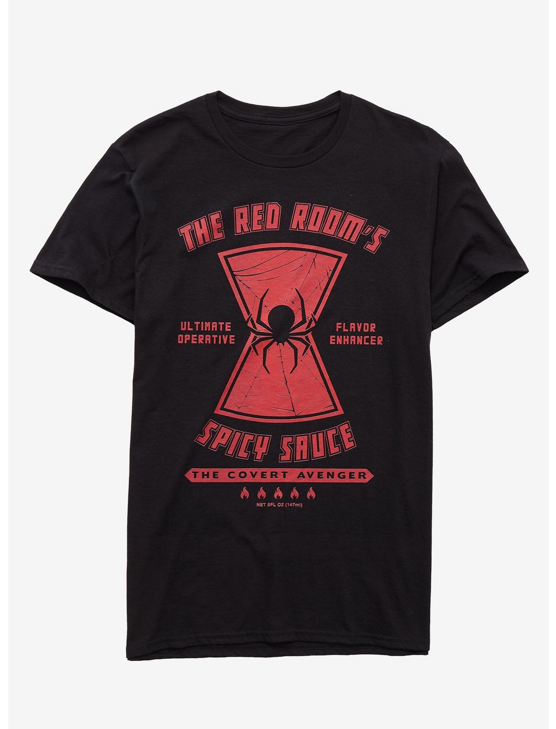 Marvel Black Widow Red Room's Spicy Sauce T-Shirt - BoxLunch Exclusive, BLACK, hi-res