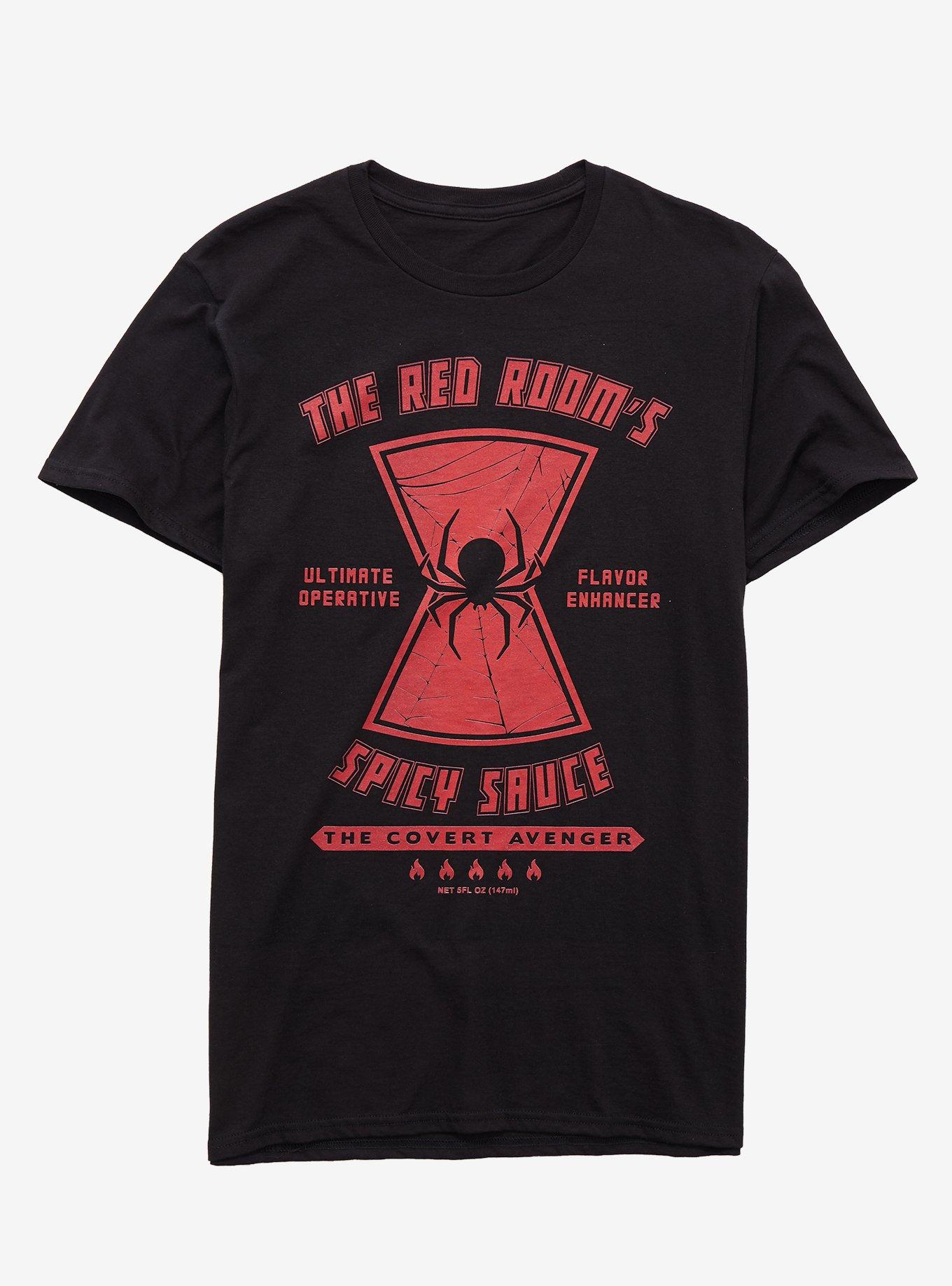 Marvel Black Widow Red Room's Spicy Sauce T-Shirt - BoxLunch Exclusive, BLACK, hi-res
