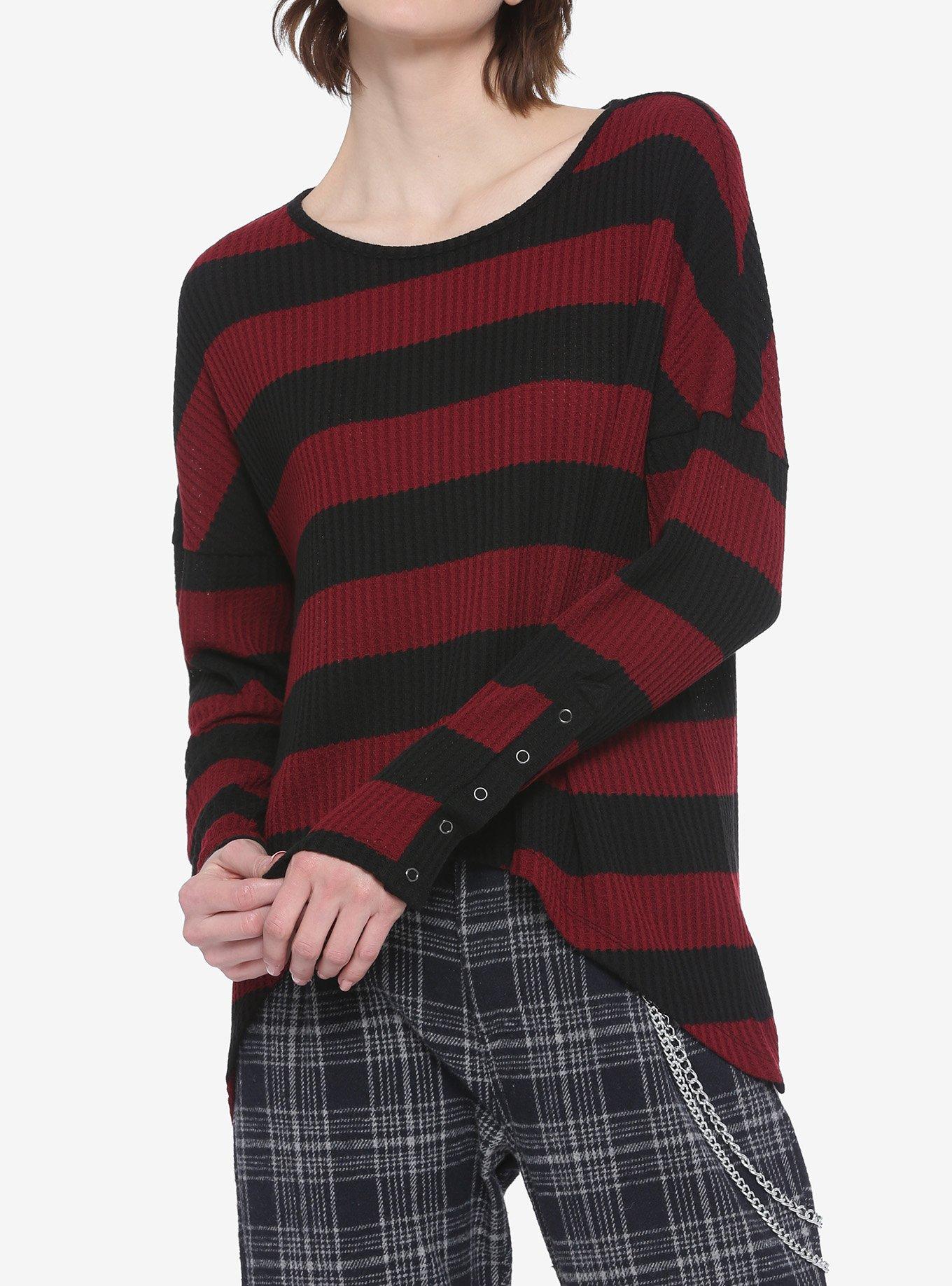 Burgundy & Black Stripe Waffle-Knit Shark Bite Girls Sweater, STRIPES - RED, hi-res