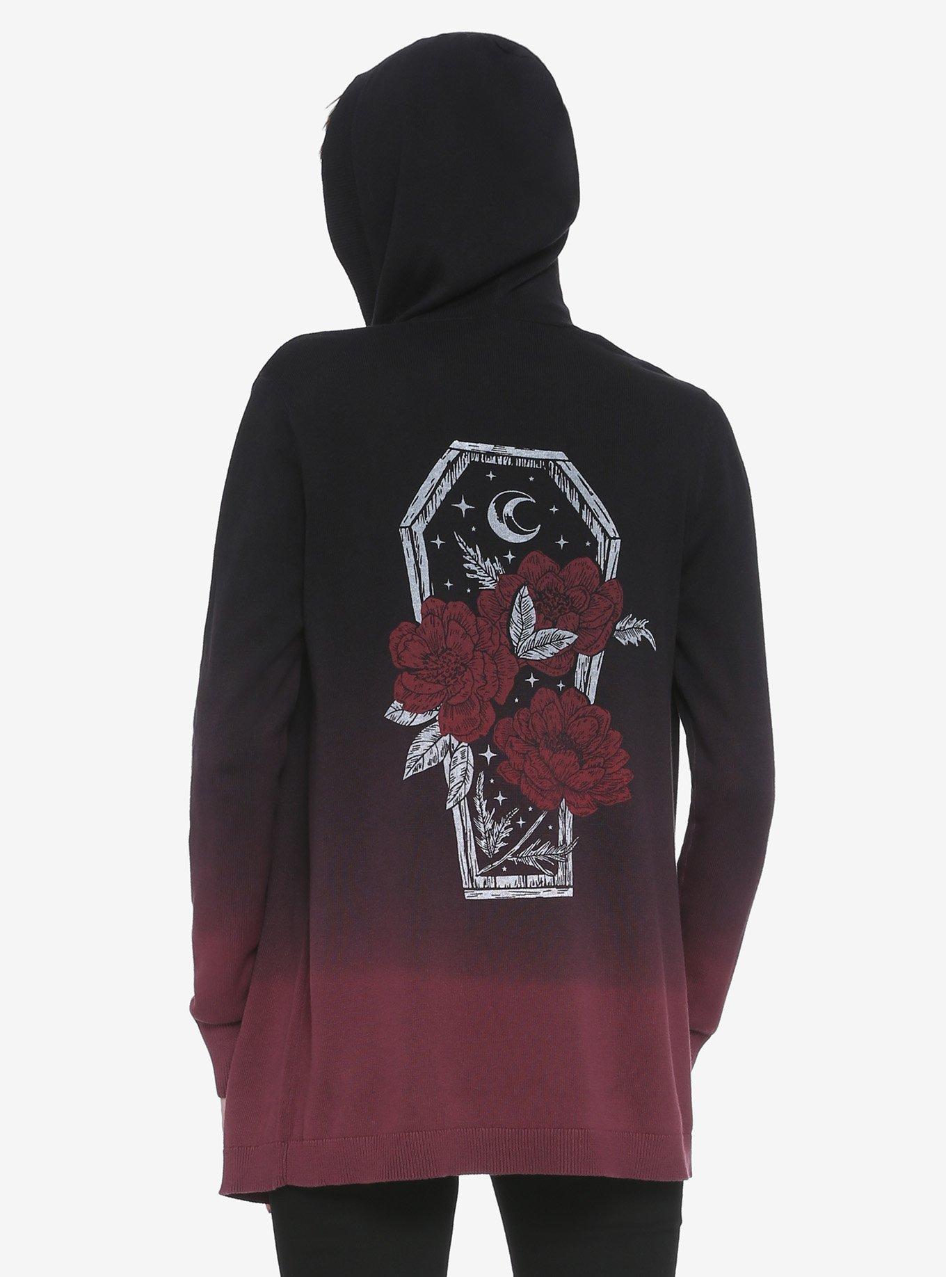 Black & Red Coffin & Roses Hooded Girls Open Cardigan, BLACK, hi-res